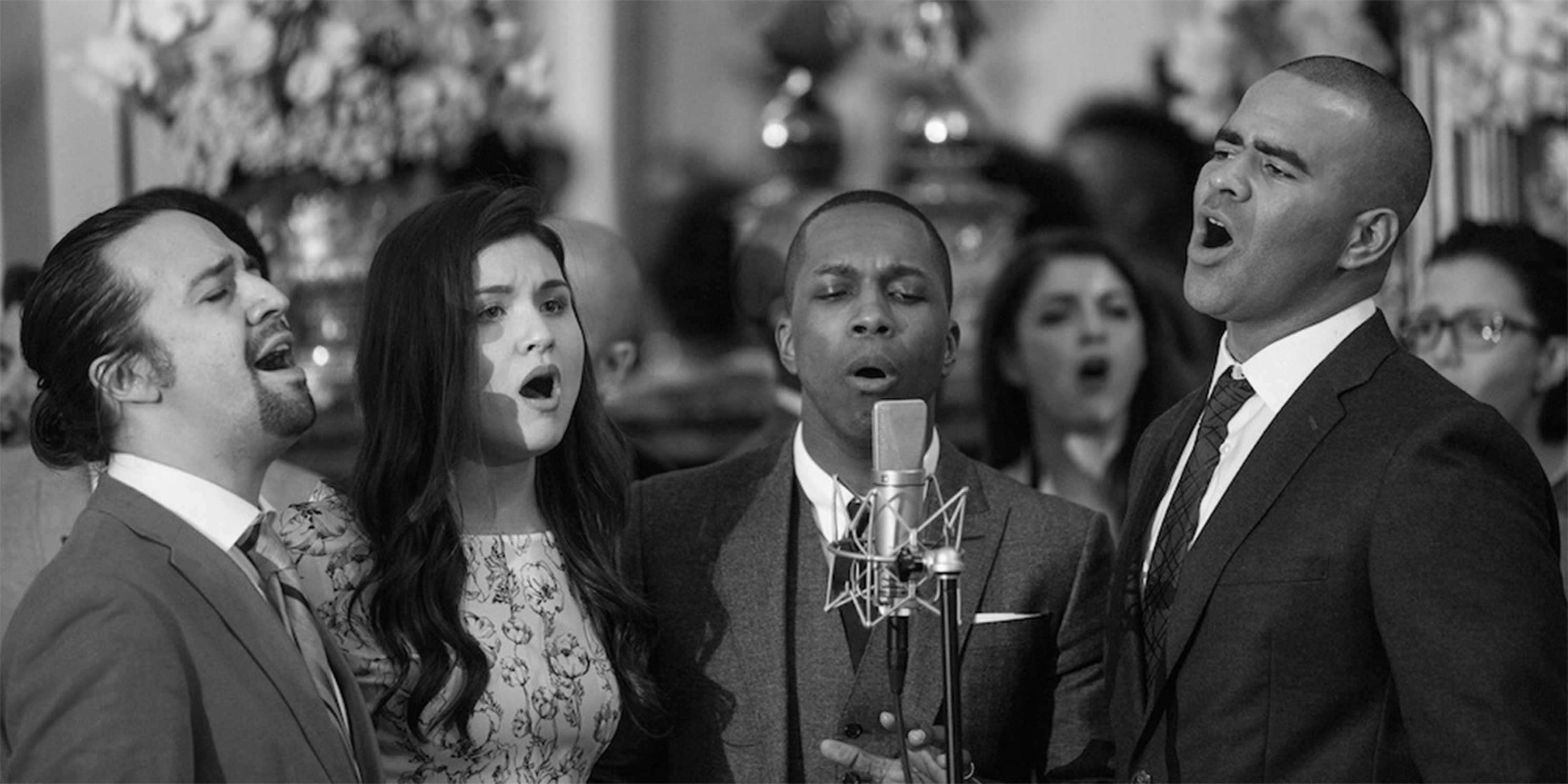 Hamilton cast members perform musical selections at the White House, 2016. L-R: Lin-Manuel Miranda, Phillipa Soo, Leslie Odom, Jr., and Christopher Jackson. Photo: The White House, Amanda Lucidon.