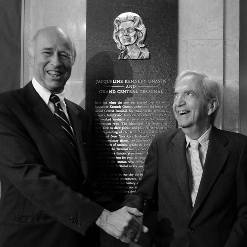 Kent Barwick and Fred Papert at Grand Central Terminal on June 30, 2014, to dedicate the Jacqueline Kennedy Onassis Foyer. Photo: Marc A. Hermann / MTA New York City Transit.