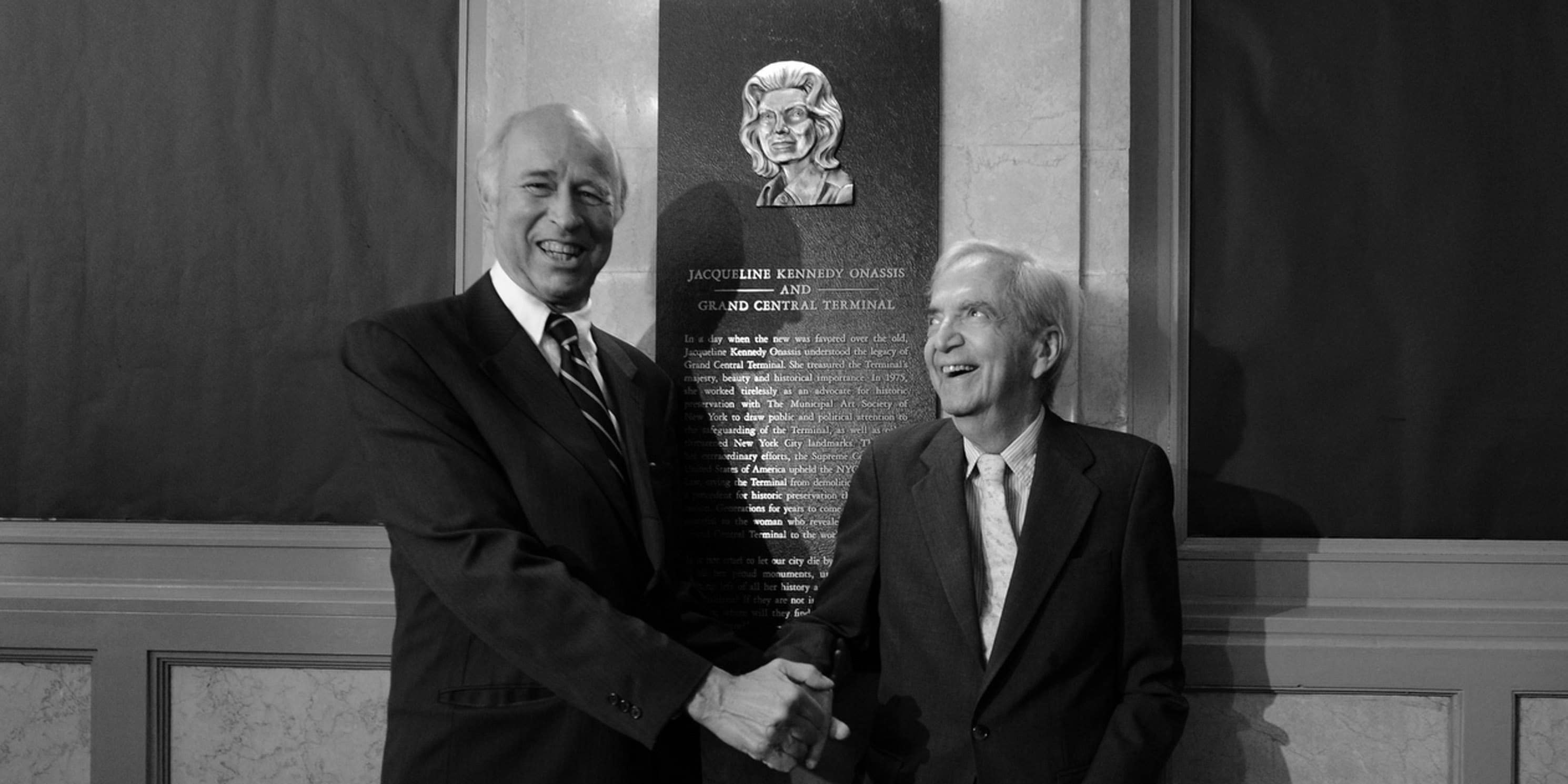 Kent Barwick and Fred Papert at Grand Central Terminal on June 30, 2014, to dedicate the Jacqueline Kennedy Onassis Foyer. Photo: Marc A. Hermann / MTA New York City Transit.