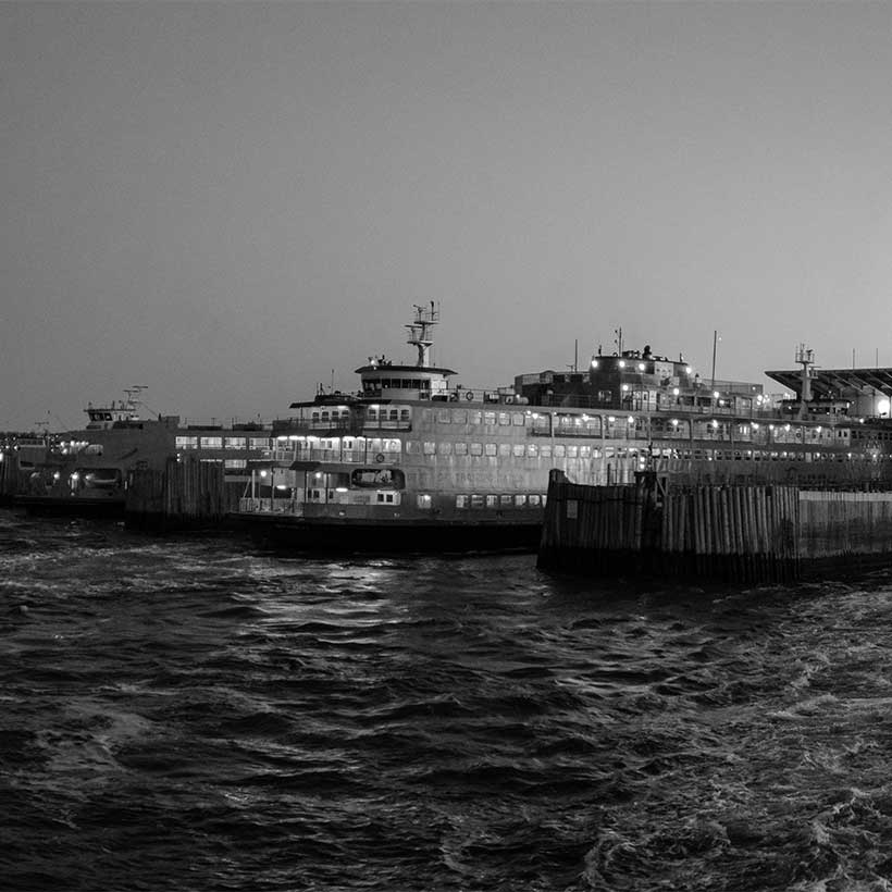 Panorama of the Staten Island Ferry Terminal at sunset. Photo: Wikimedia Commons, Eric Kilby.