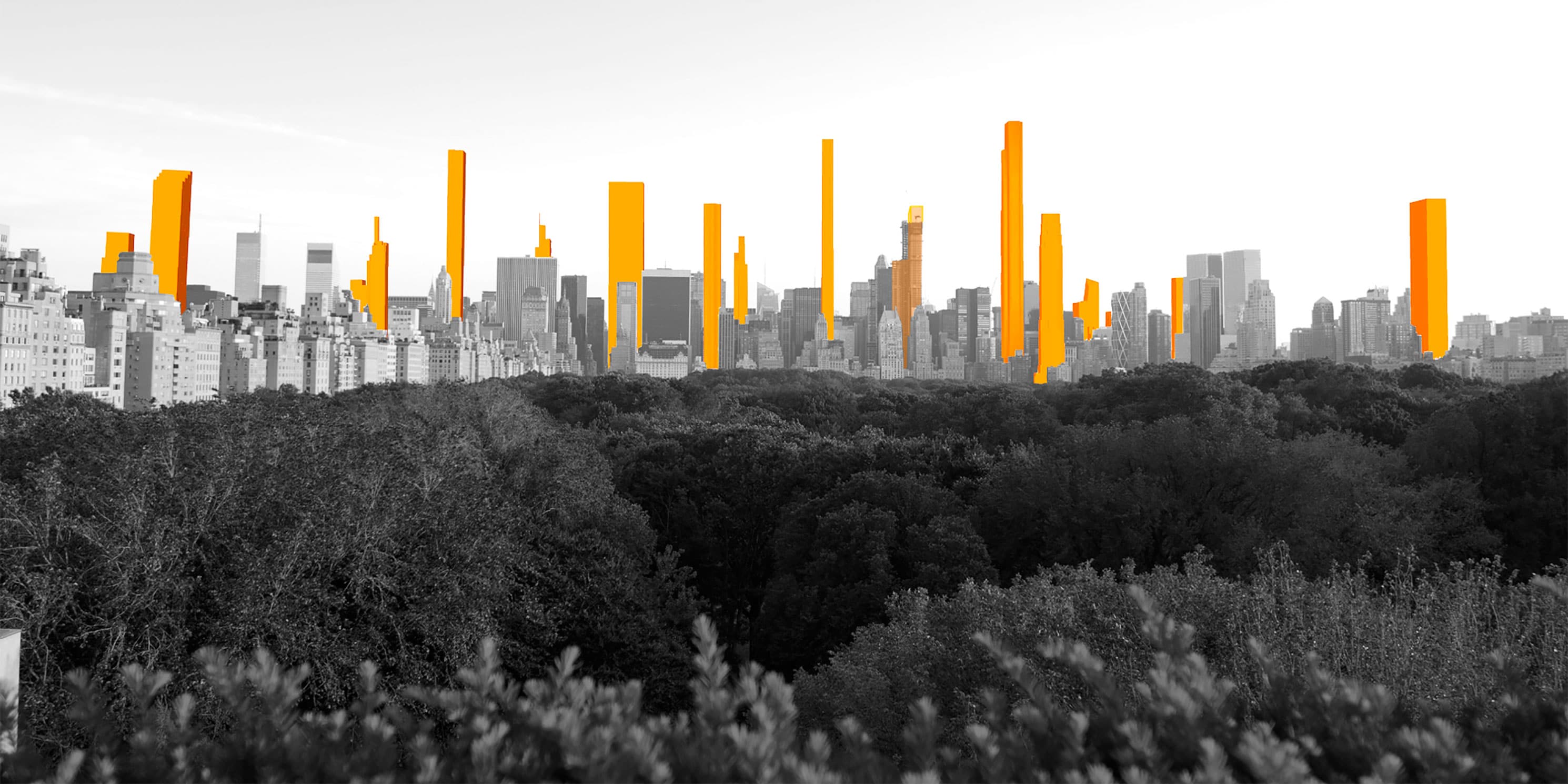 Rendering of the Manhattan skyline with proposed super-tall buildings.