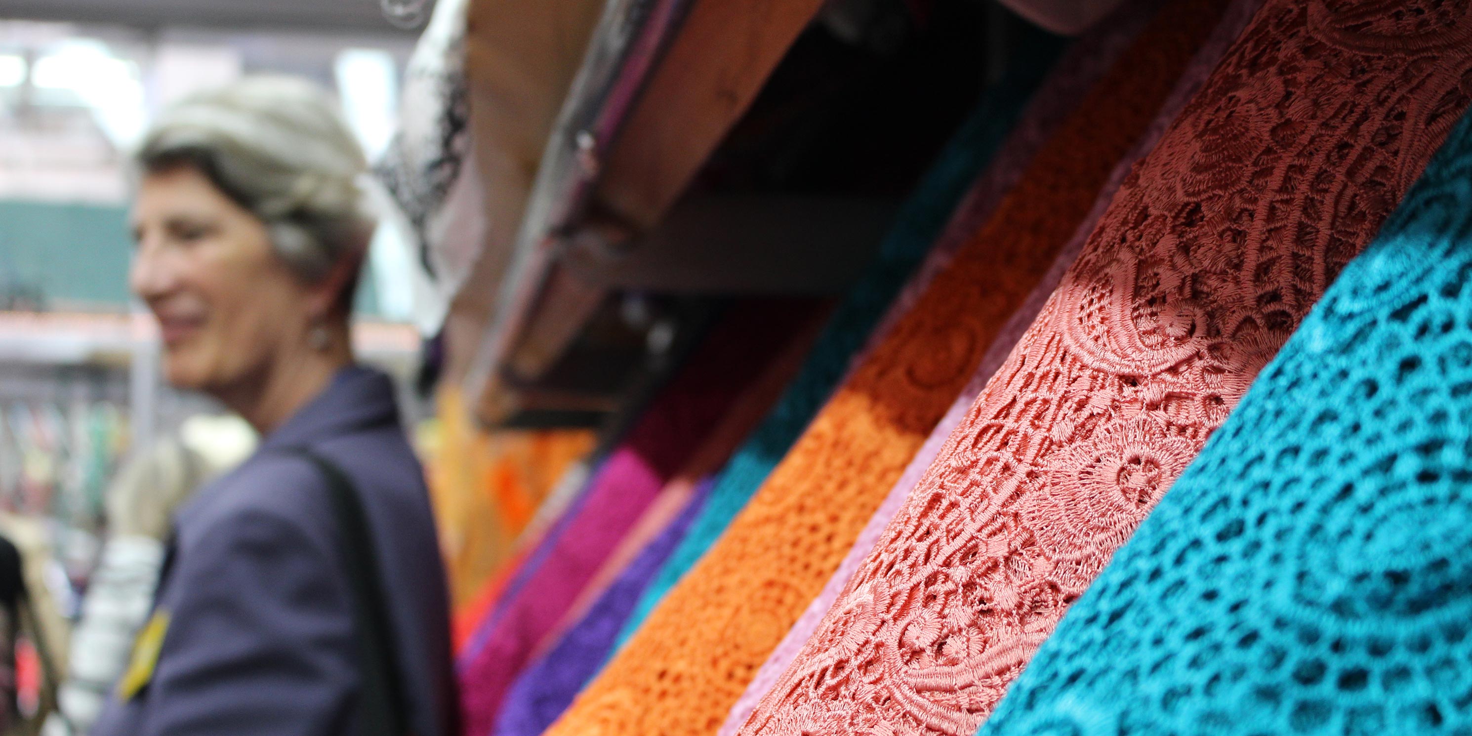 rolls of cloth in a shop in the Garment District