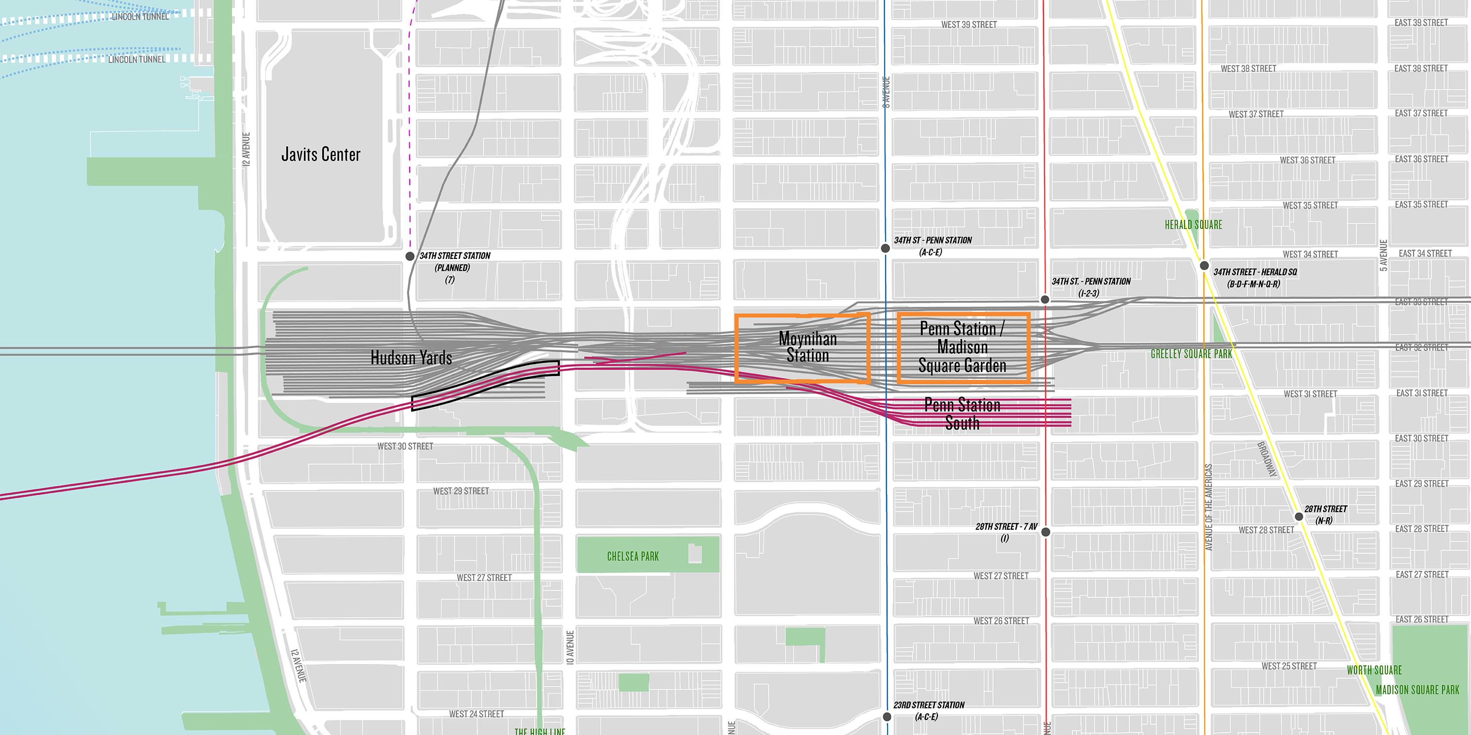 map showing rail lines connecting Hudson Yards to Penn Station