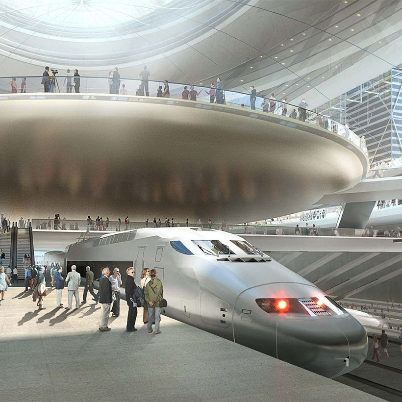 Rendering of a future Penn Station with high-speed trains