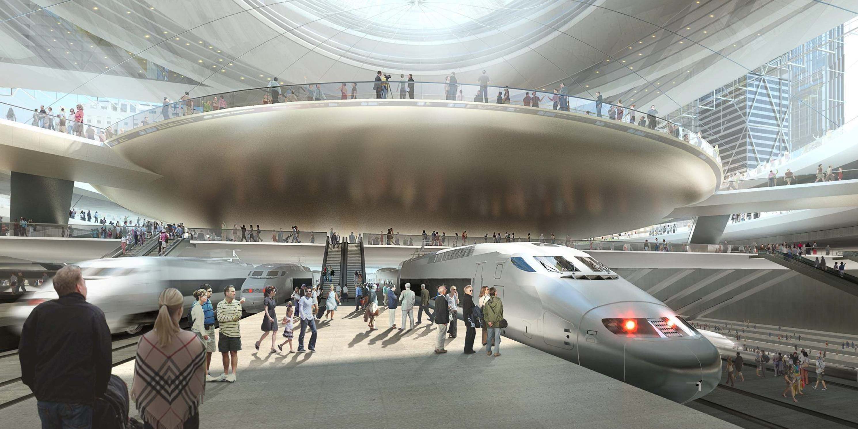 Rendering of a future Penn Station with high-speed trains