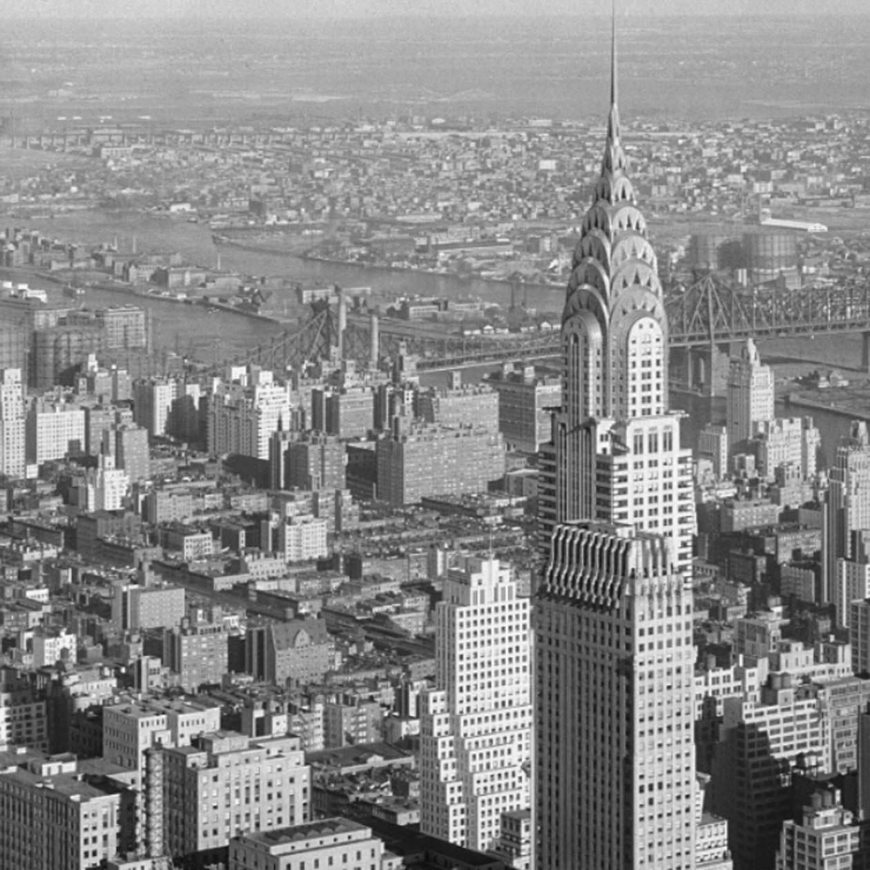 aerial of Manhattan with focus on the Chrysler Building