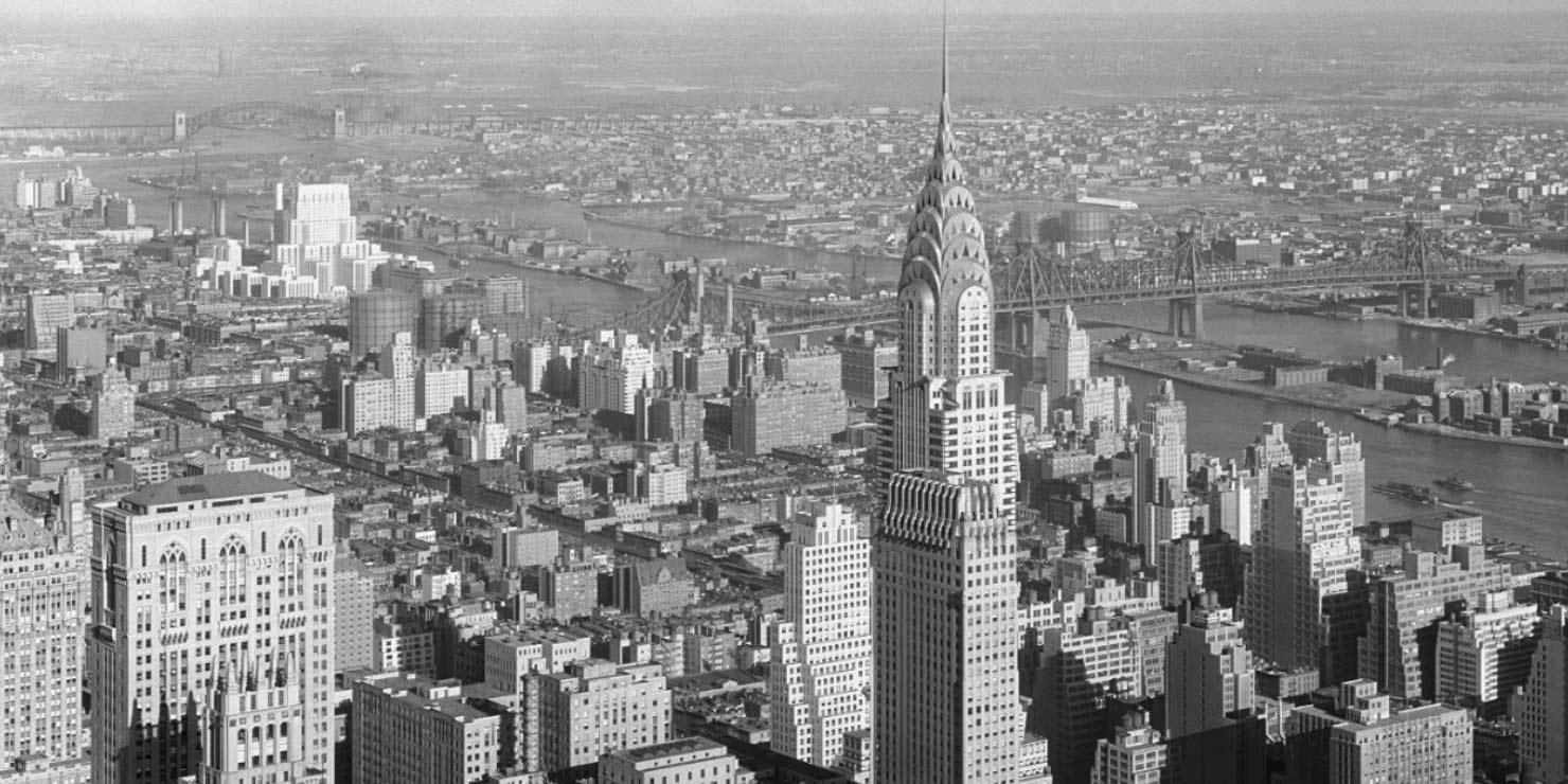 aerial of Manhattan with focus on the Chrysler Building