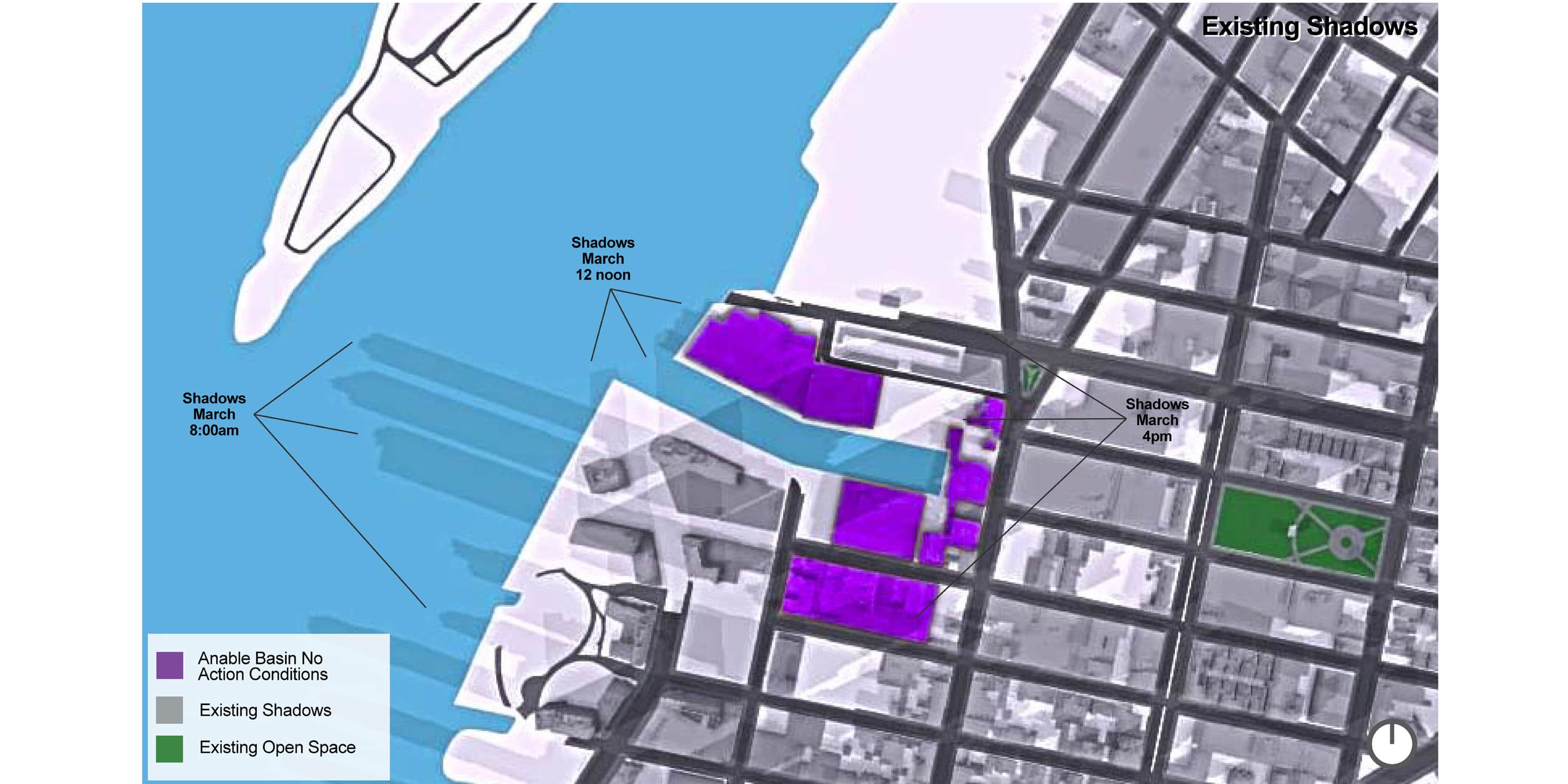 Illustration - Existing shadows on the East River, Waterfront Access Areas, and Gordon Triangle