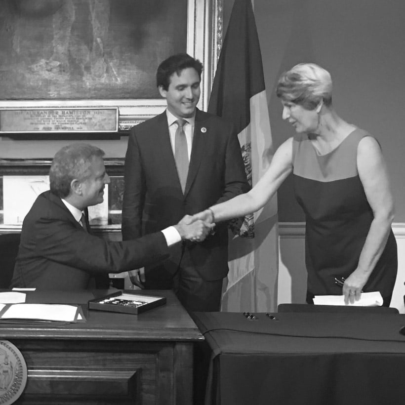 Elizabeth Goldstein and Bill deBlasio shake hands at signing of Board of Standards and Appeals reform bills