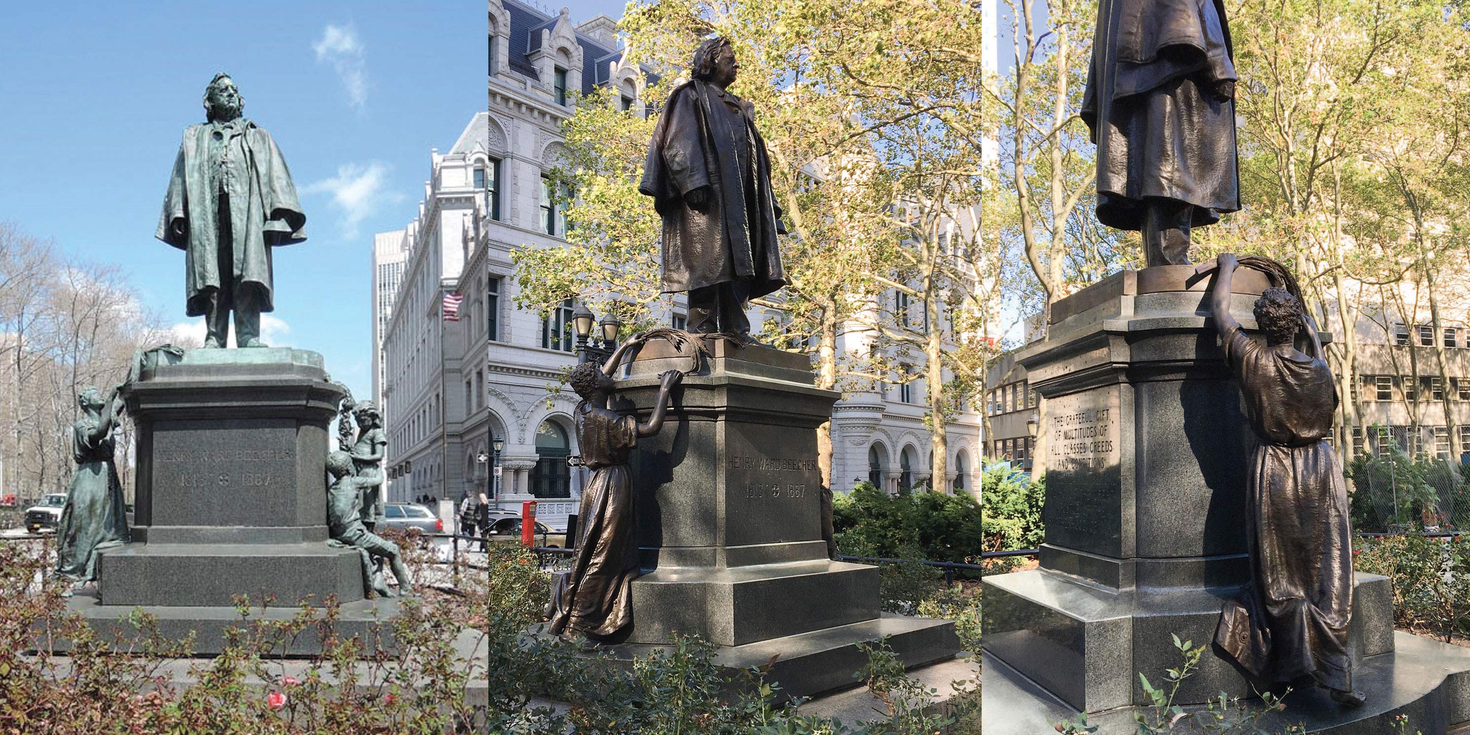 Photos of Henry Ward Beecher Monument before and after restoration