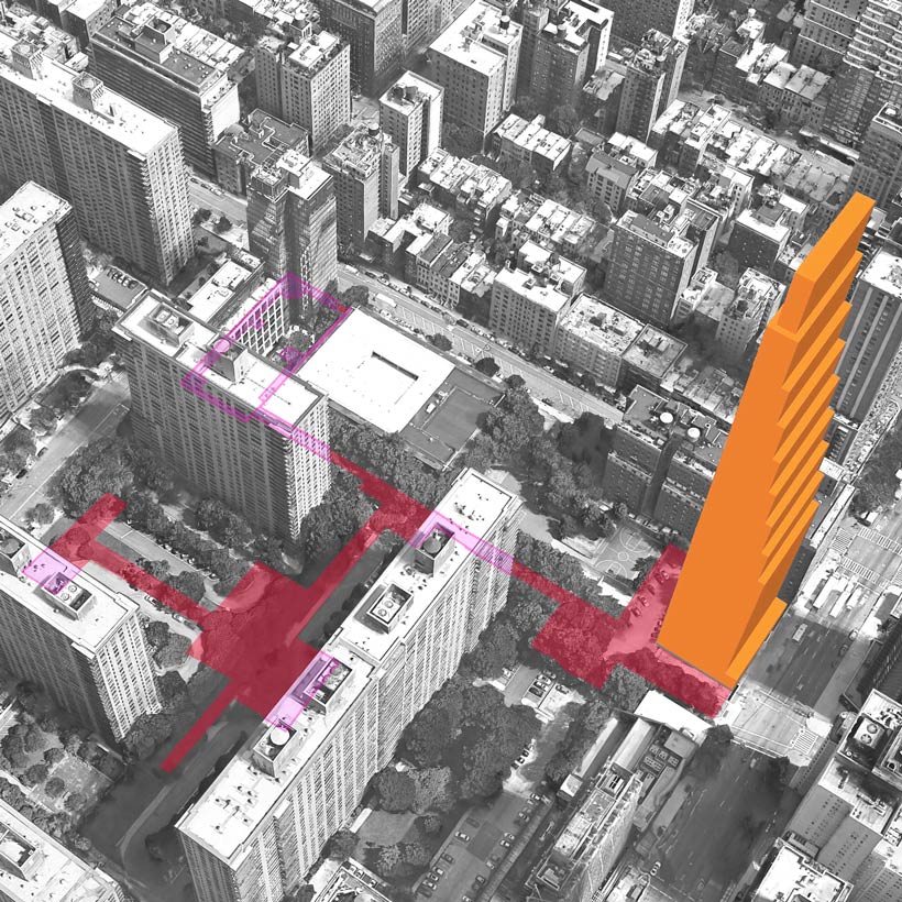 Aerial illustration of the gerrymandered zoning lot and proposed tower at 200 Amsterdam Avenue