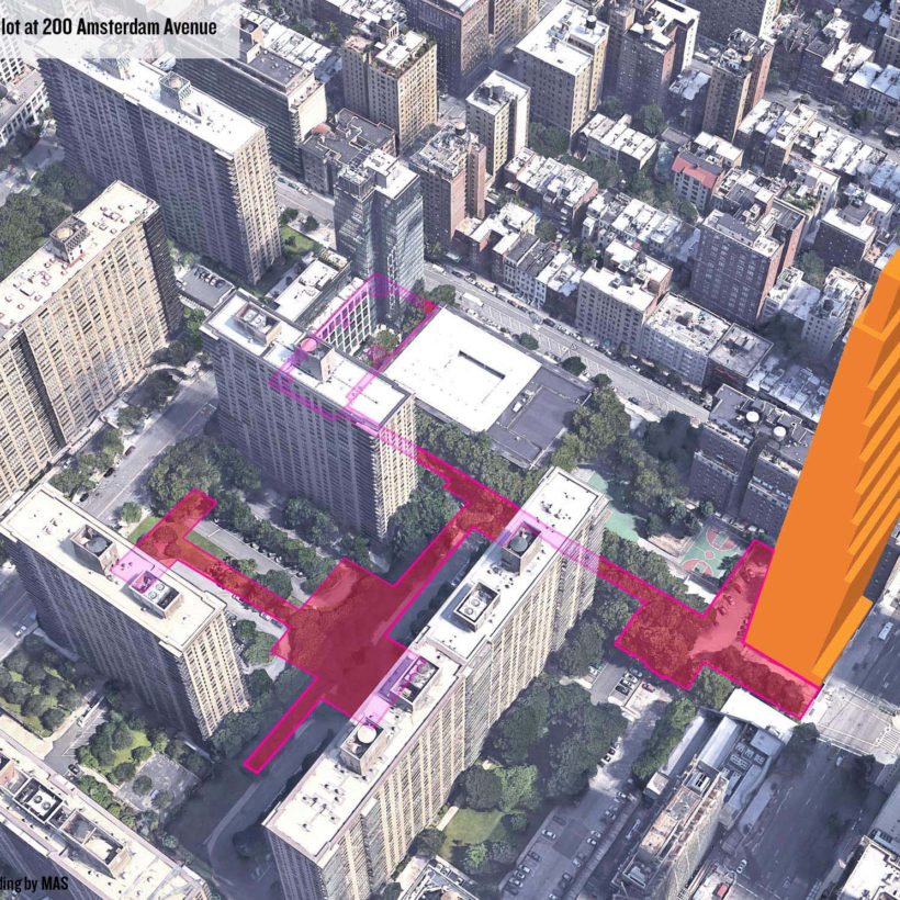 Aerial illustration of the gerrymandered zoning lot and proposed tower at 200 Amsterdam Avenue