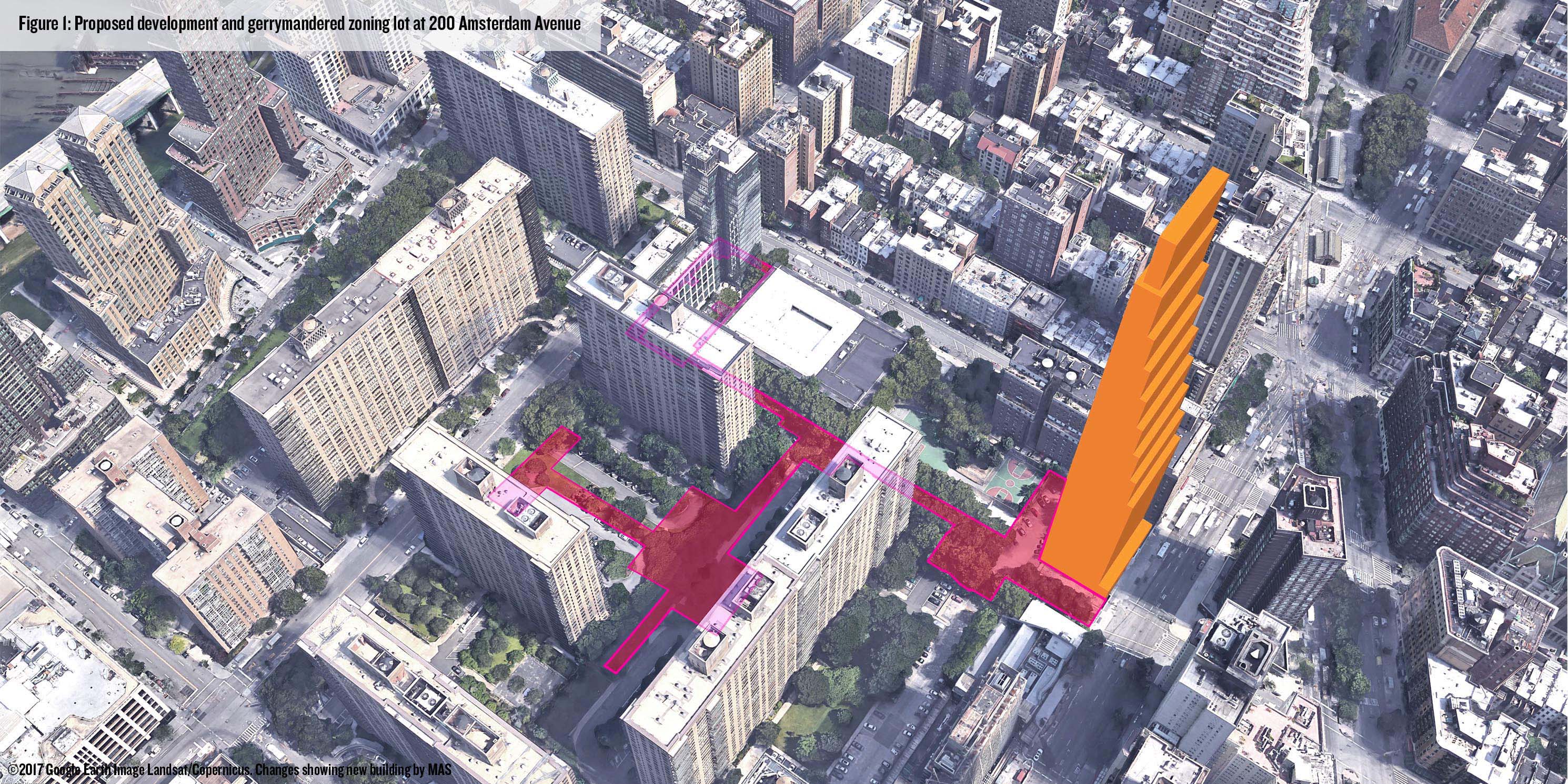 Aerial illustration of the gerrymandered zoning lot and proposed tower at 200 Amsterdam Avenue