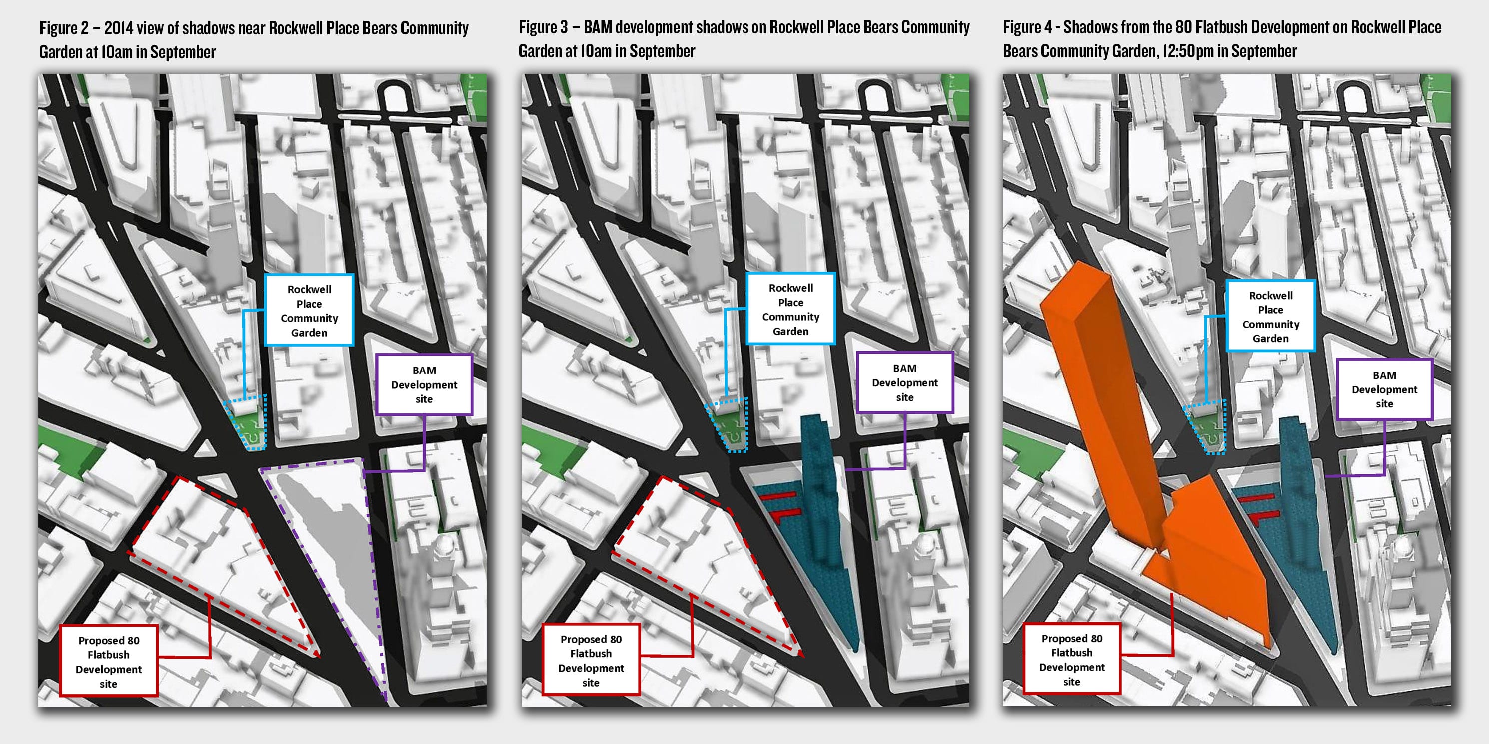 Maps depicting the shadows cast by a proposed development at 80 Flatbush Avenue in Brooklyn