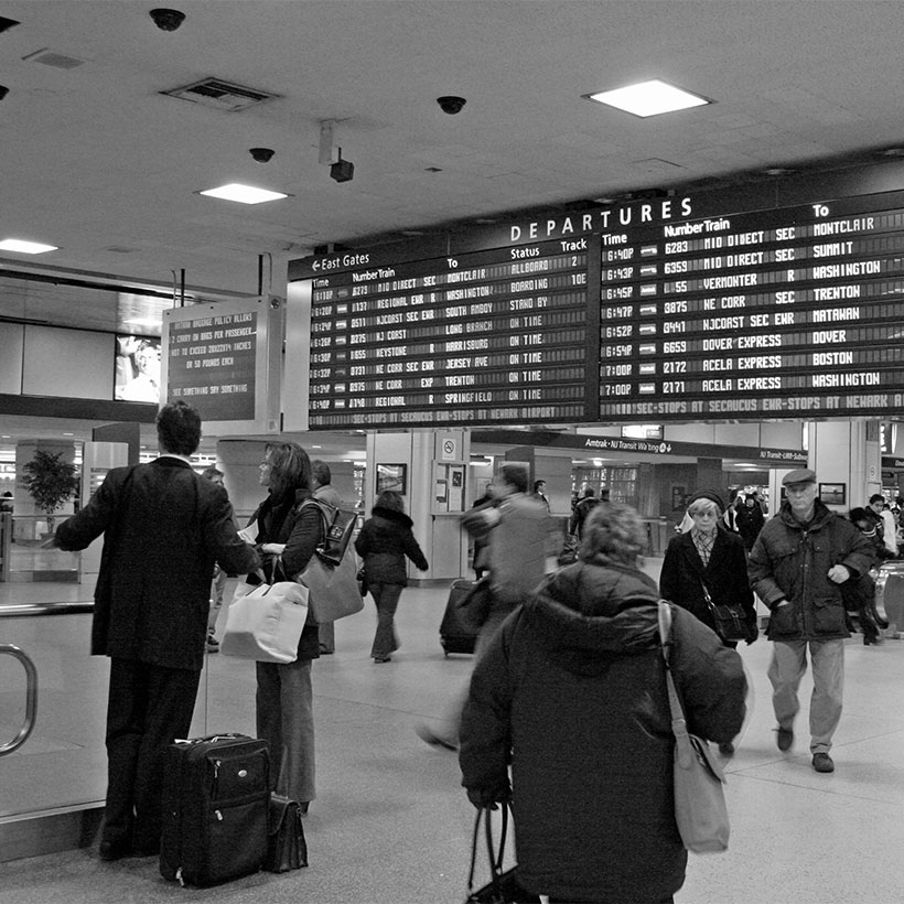 The train departure board at Pennsylvania Station in New York City. Photo: Wikimedia Commons, Alan Turkus.