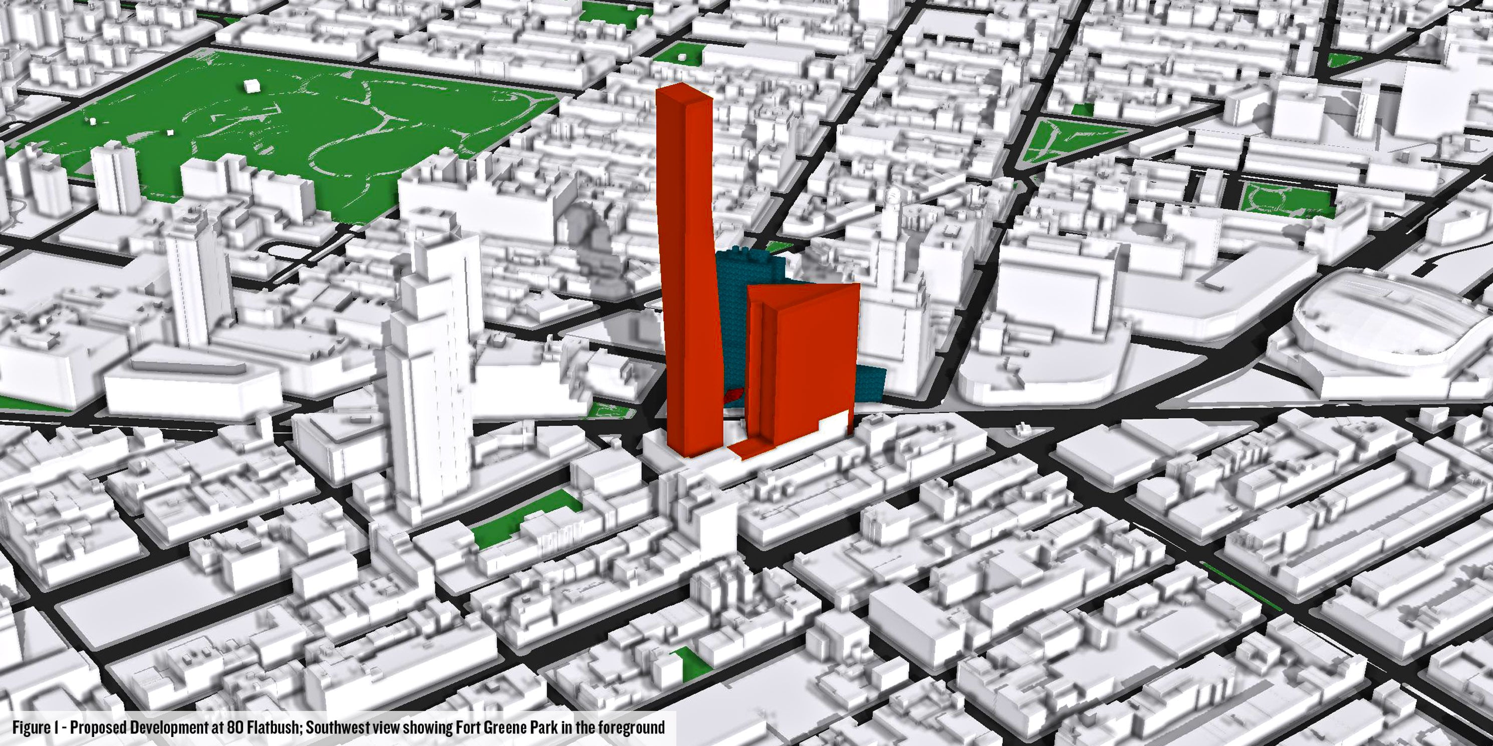 Illustration of 80 Flatbush Avenue with Fort Greene Park in foreground