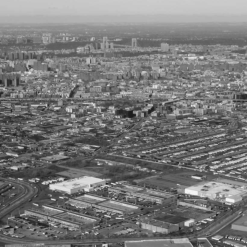 Aerial of the Bronx with the Hunts Point Cooperative Market in the foreground