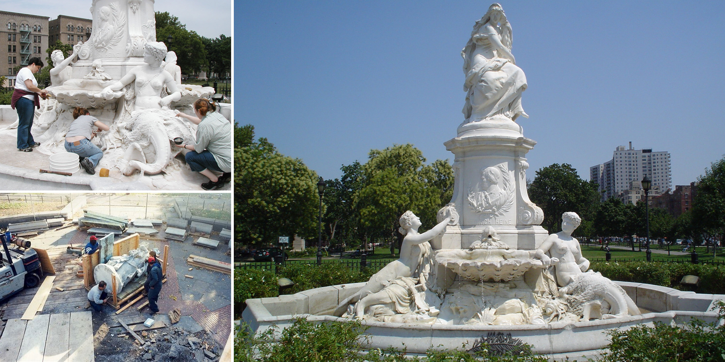 The Heinrich Heine Fountain (“Die Lorelei”) by Ernest Herter during and after restoration.