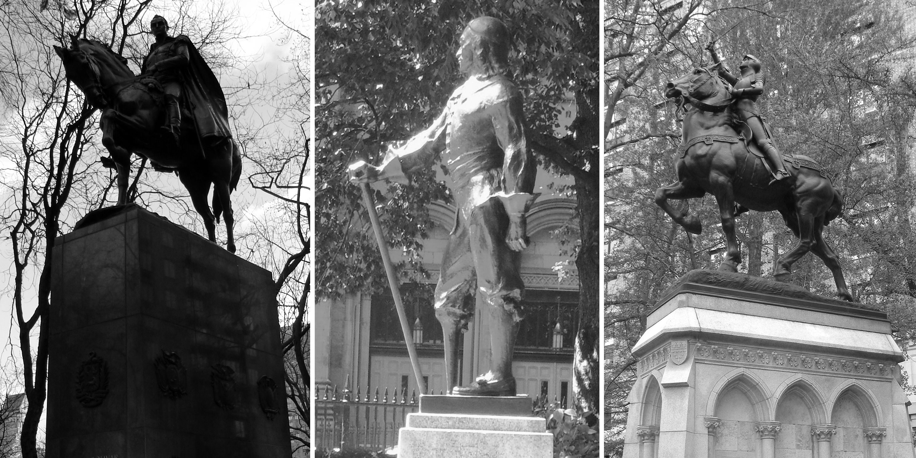 Statues - Simón Bolívar by Sally Jane Farnham, Peter Stuyvesant by Gertrude Vanderbilt Whitney, and Joan of Arc by Anna Hyatt Huntington