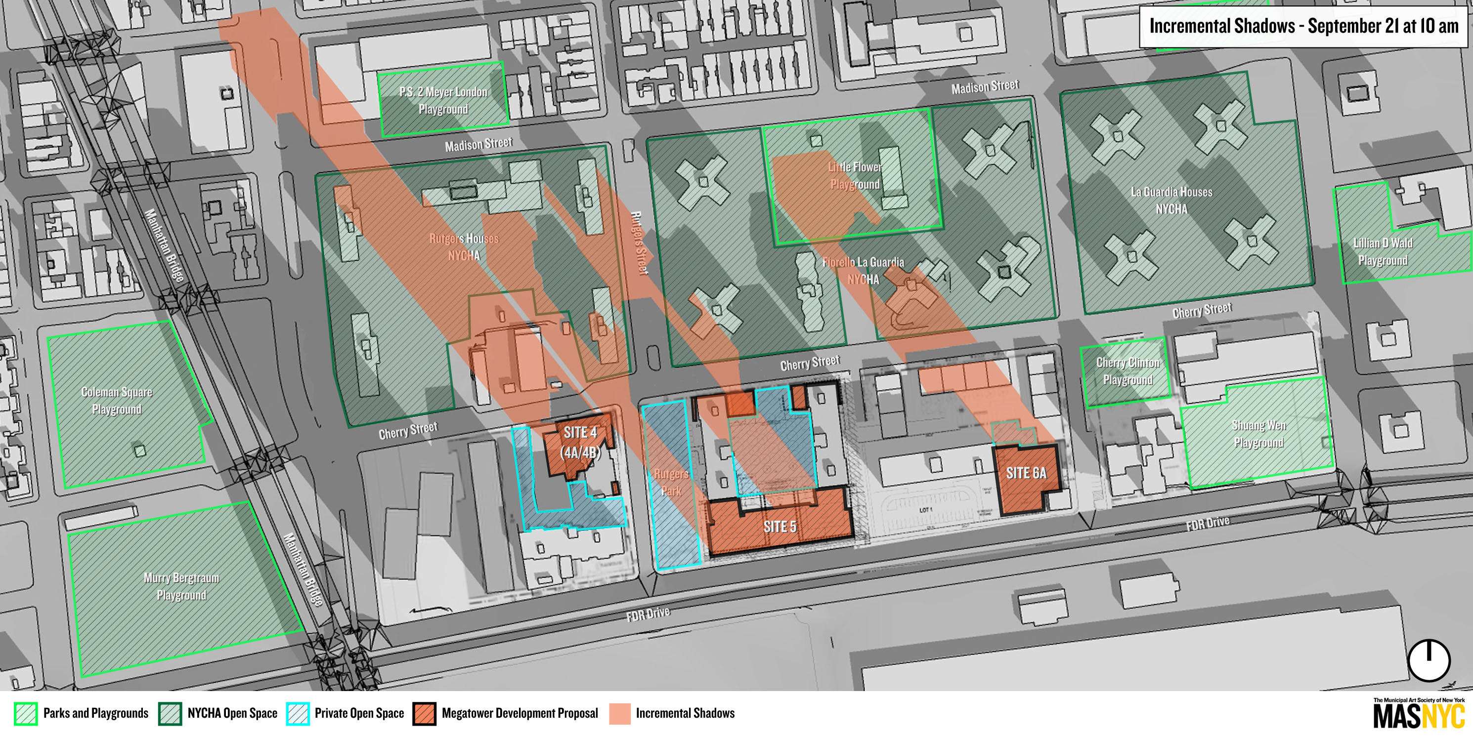 maps shows shadows from proposed Two Bridges development on September 21 at 10 am