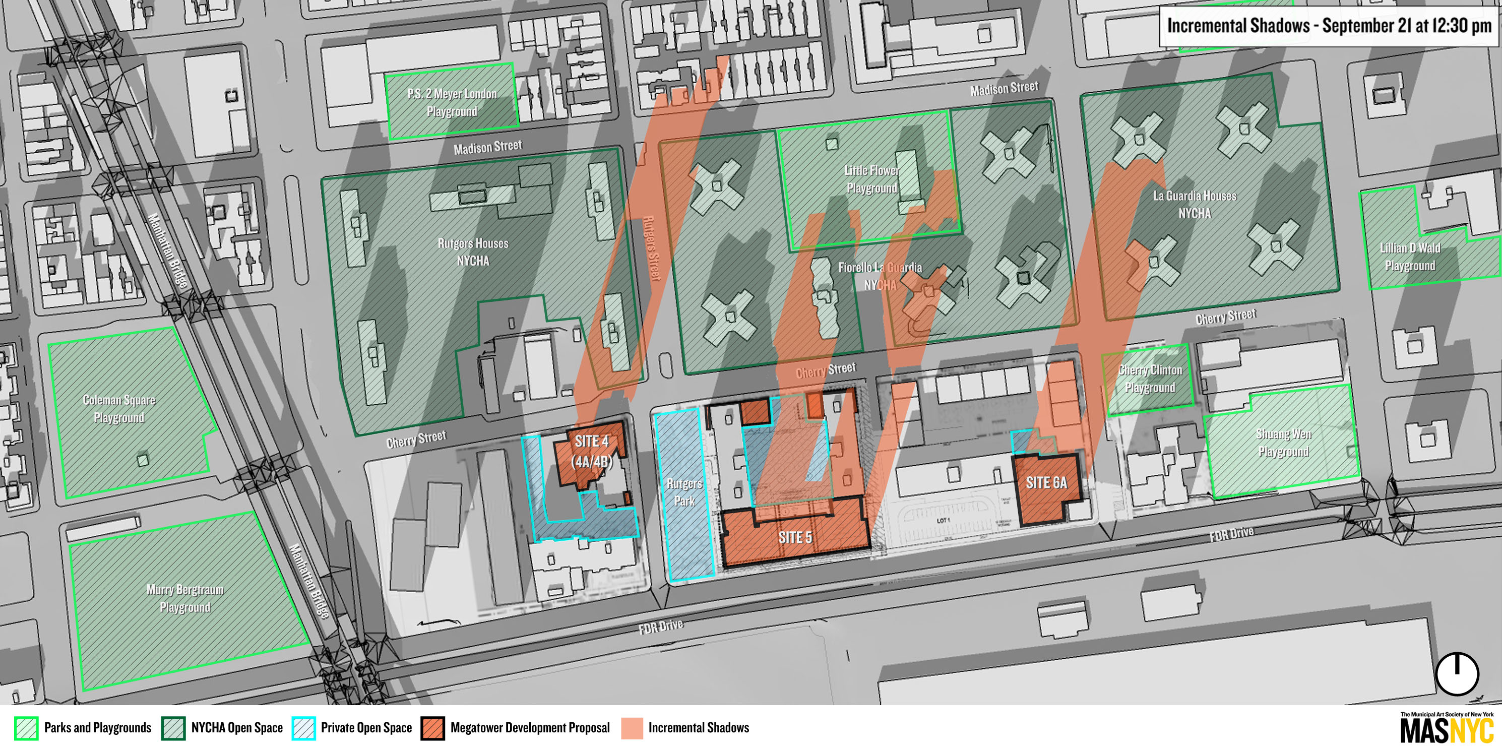 maps shows shadows from proposed Two Bridges development on September 21 at 12:30pm