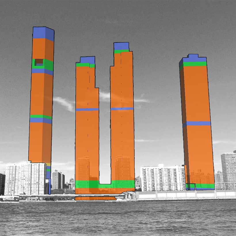 rendering of Manhattan skyline with proposed Two Bridges towers