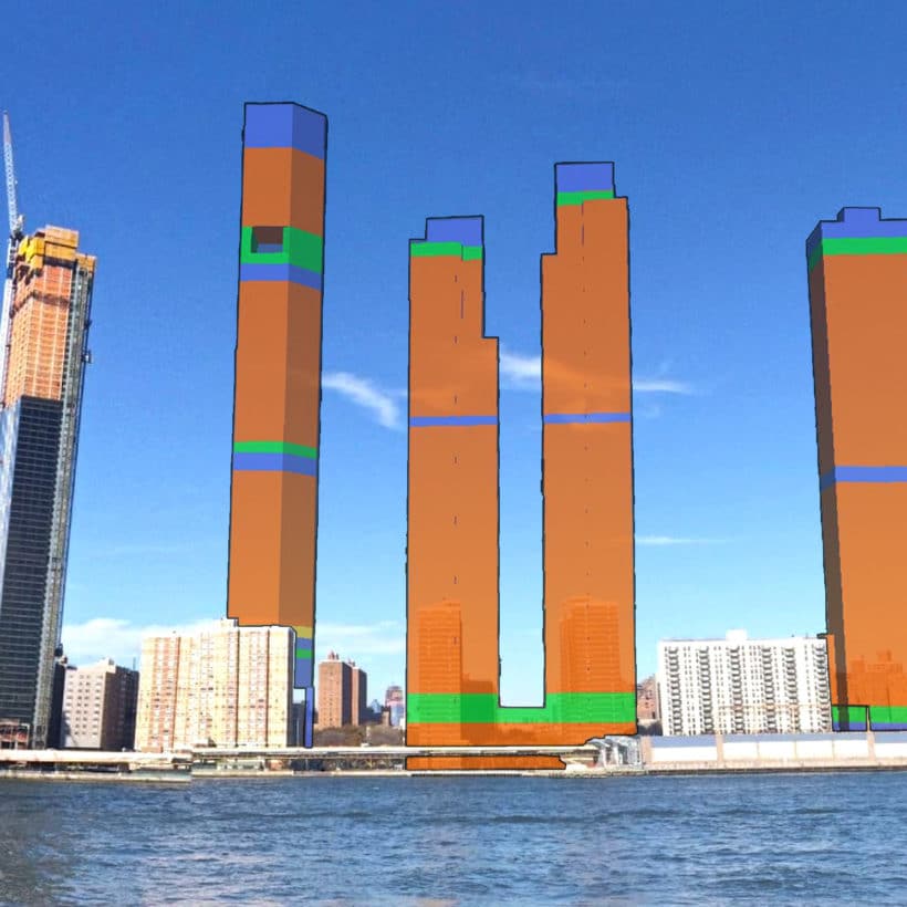 rendering of Manhattan skyline with proposed Two Bridges towers