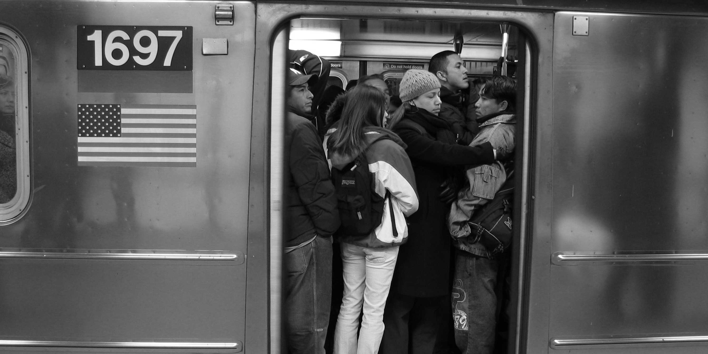 Crowded subway car on Queens-bound 7 train