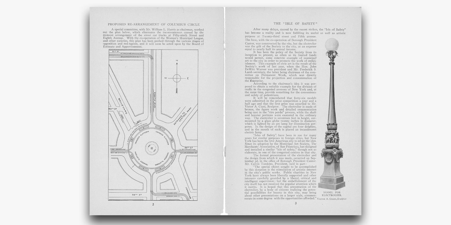 illustration of early 20th century traffic islands in New York City