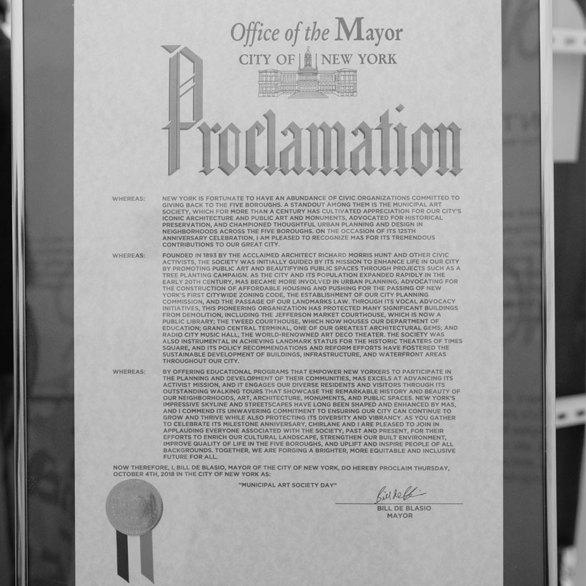 A proclamation from Mayor Bill de Blasio honoring MAS