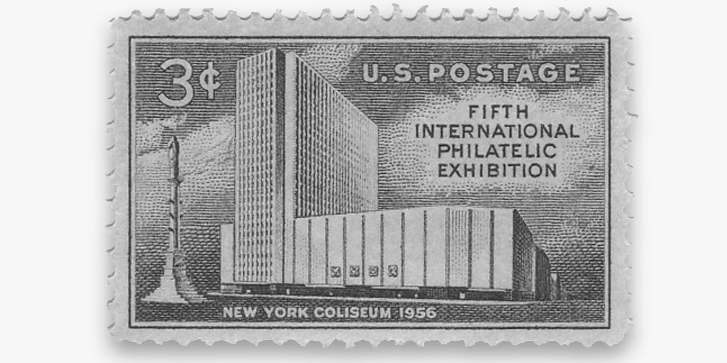 Stamp from 1956 with illustration of New York Coliseum on it