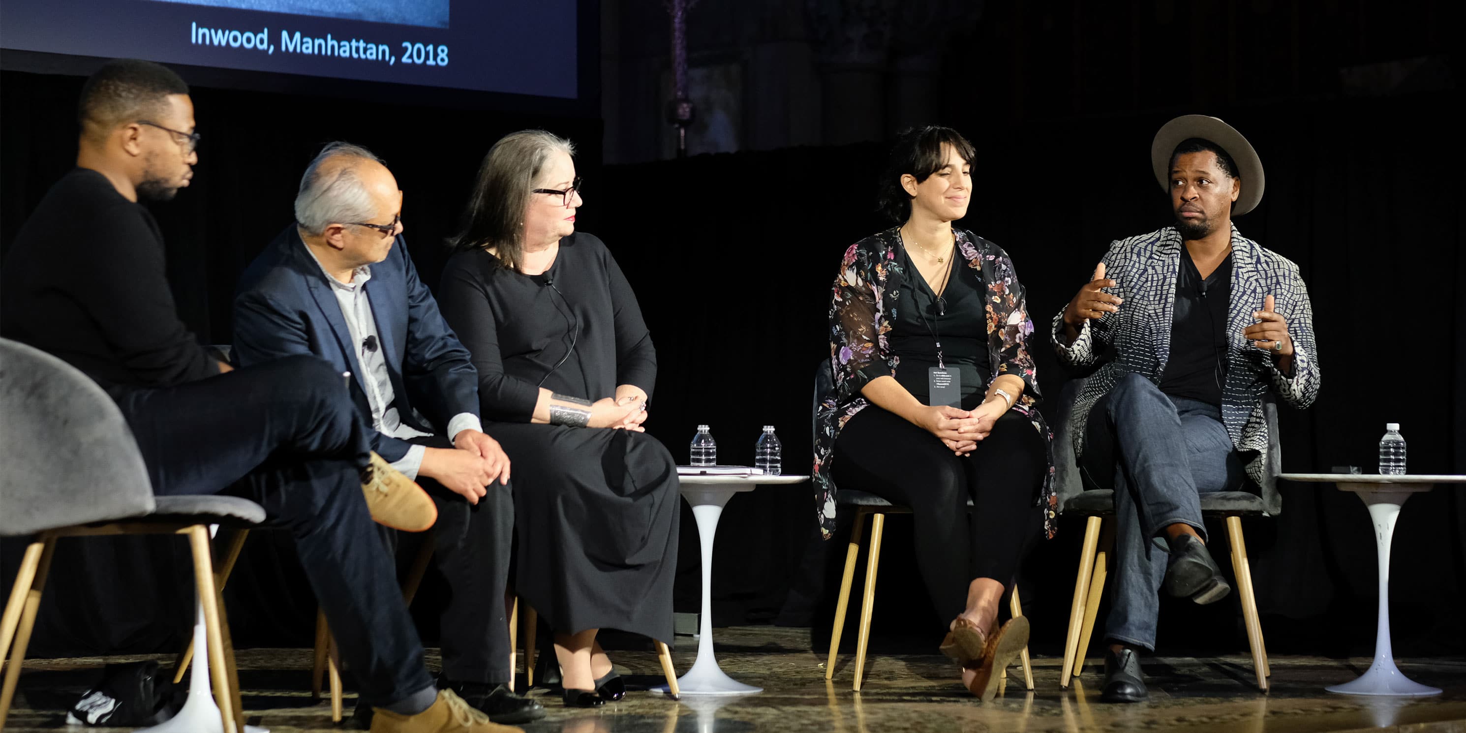 Panel speakers Vinson Cunningham, Kenseth Armstead, Rose DeSiano, M. Jessica Rowe, and Mel Chin at panel