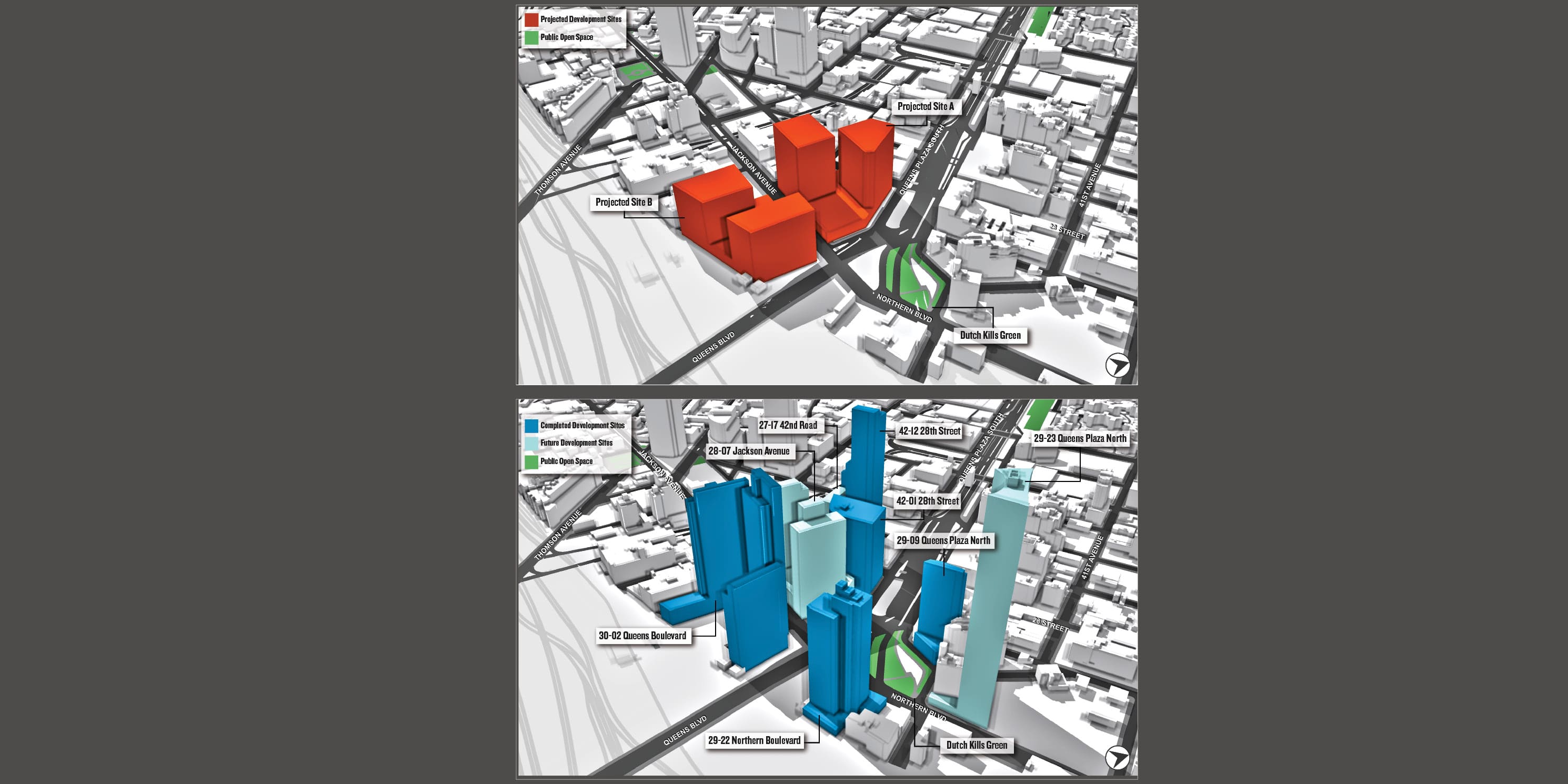 map of projected versus actual development in Long Island City