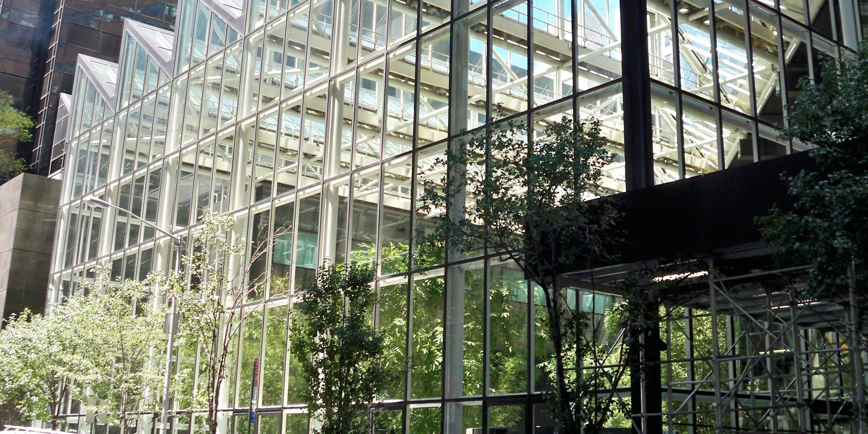 outside of IBM Building atrium in Manhattan