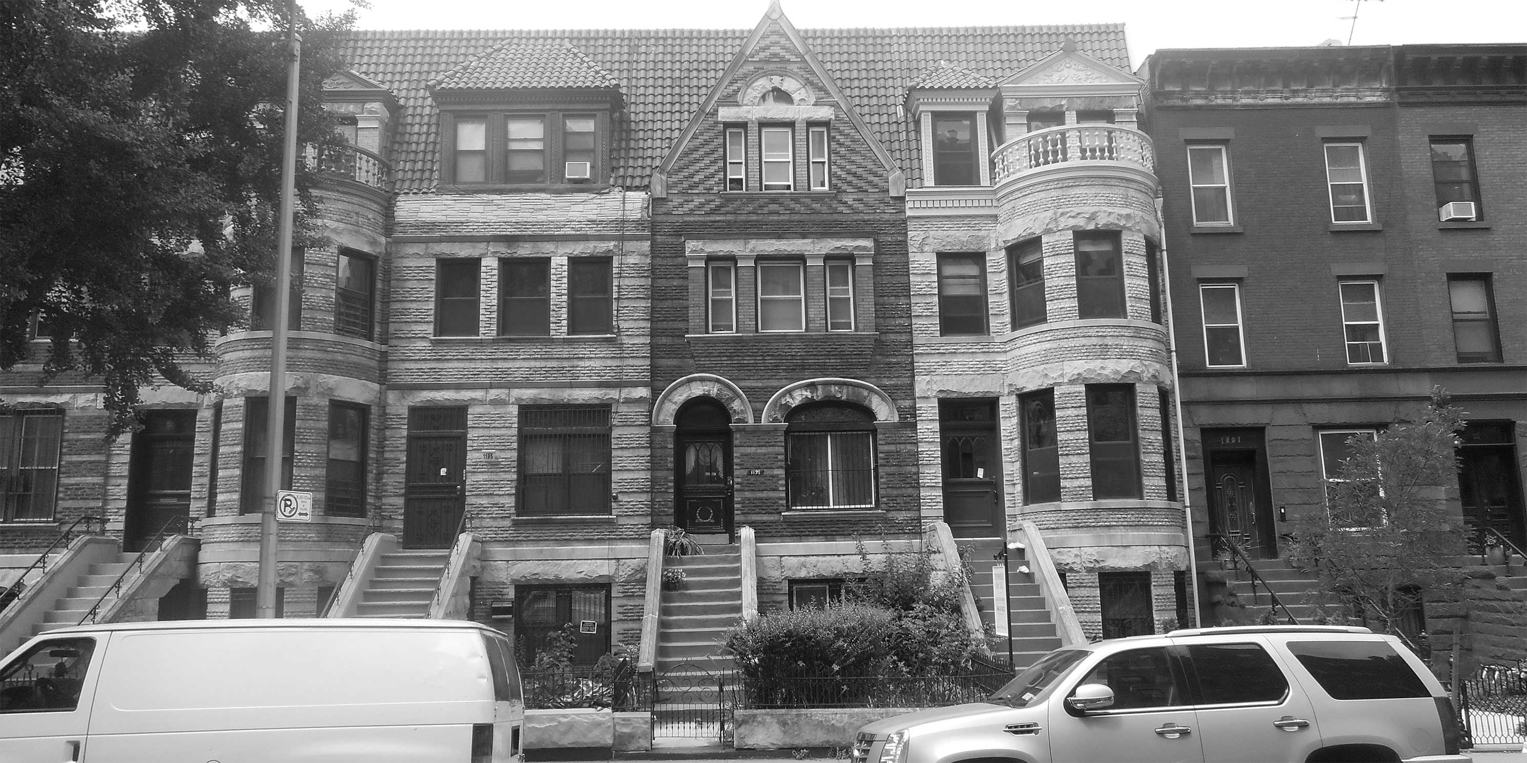 Exterior of rowhouses on Bergen Street in Crown Heights, Brooklyn