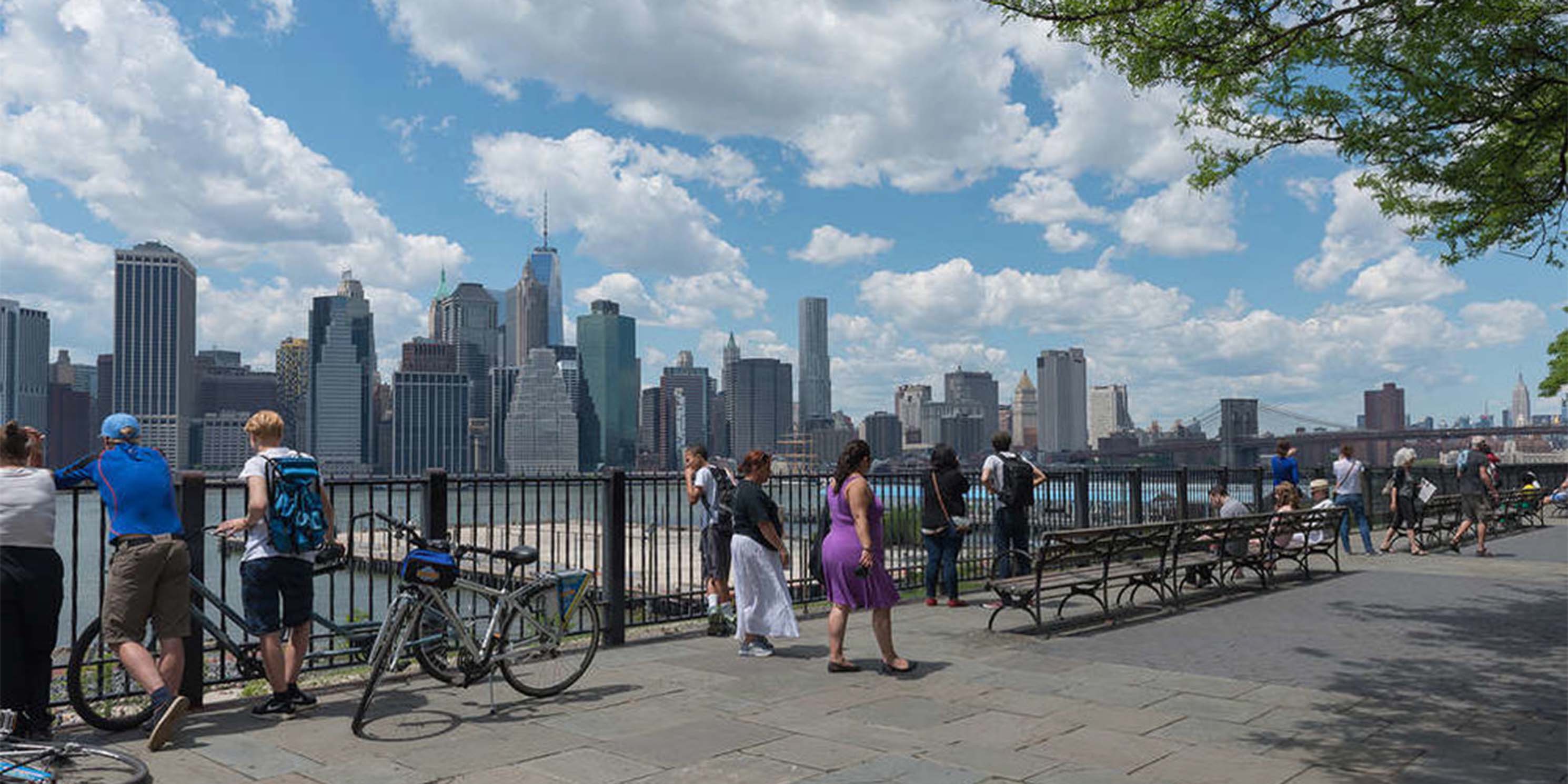 people view Manhattan skyline from the Brooklyn Heights Promenade