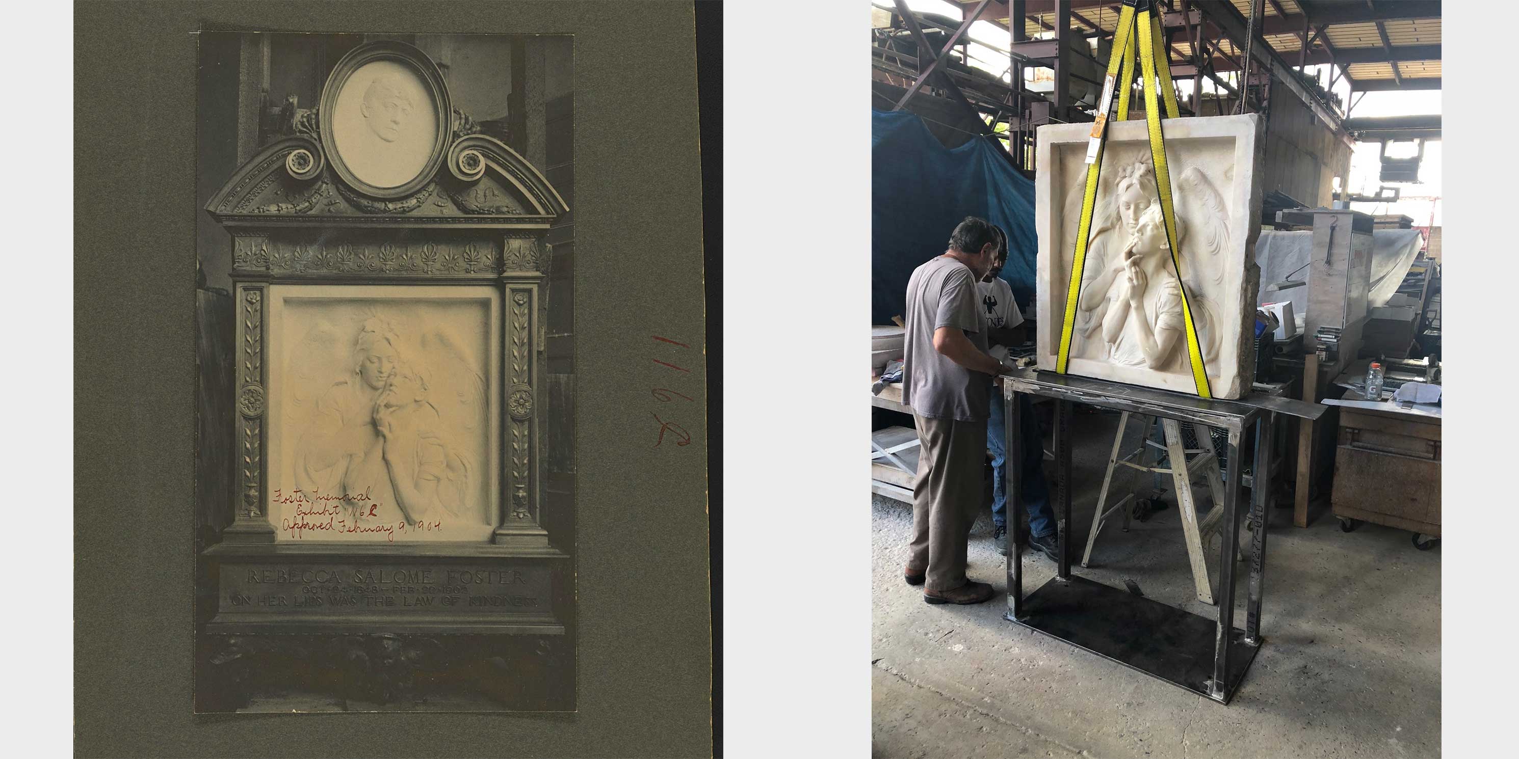 before and after restoration photos of the Rebecca Salome Foster Memorial