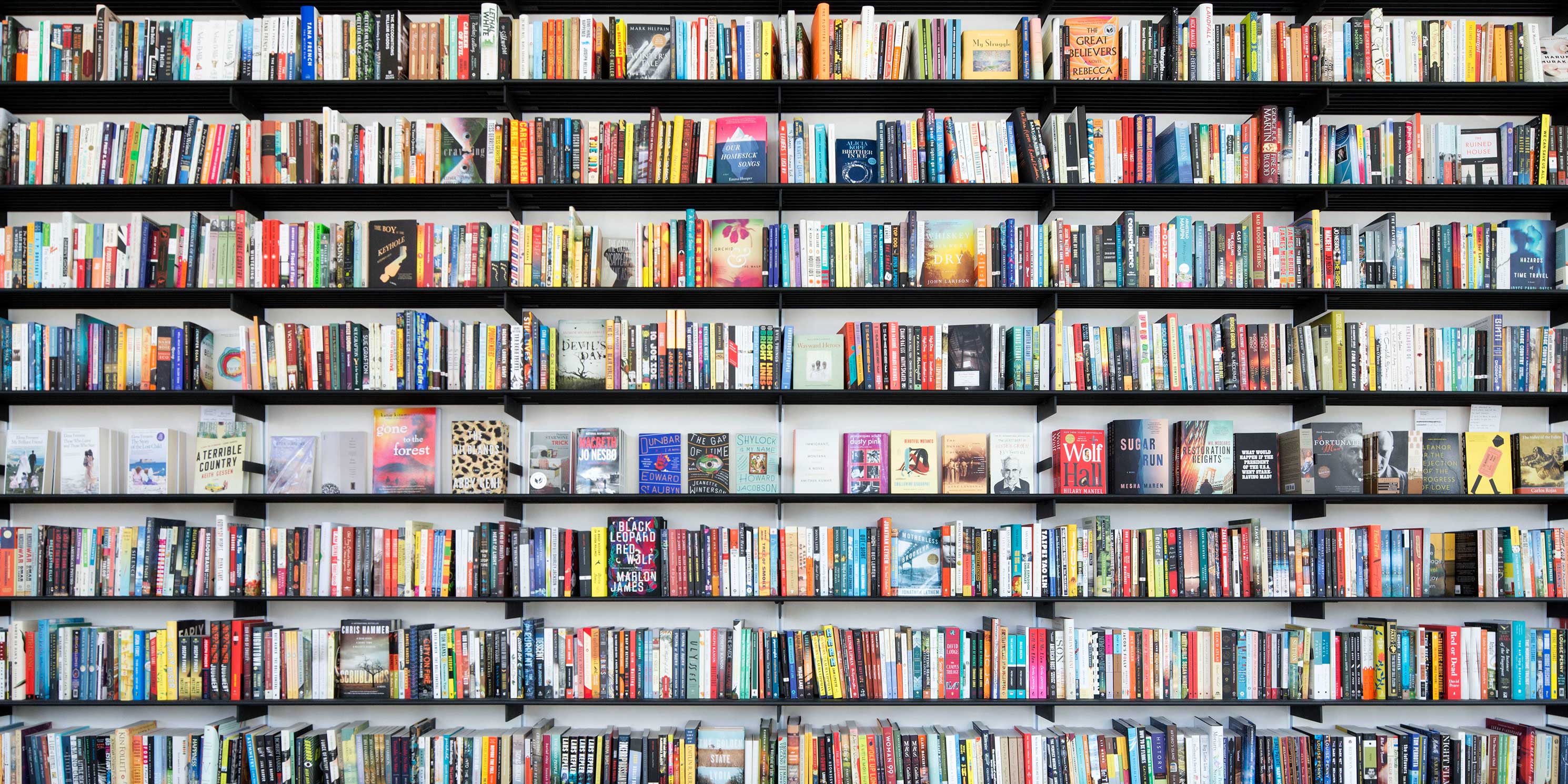 book shelves filled with books at the Center for Fiction in Brooklyn, New York