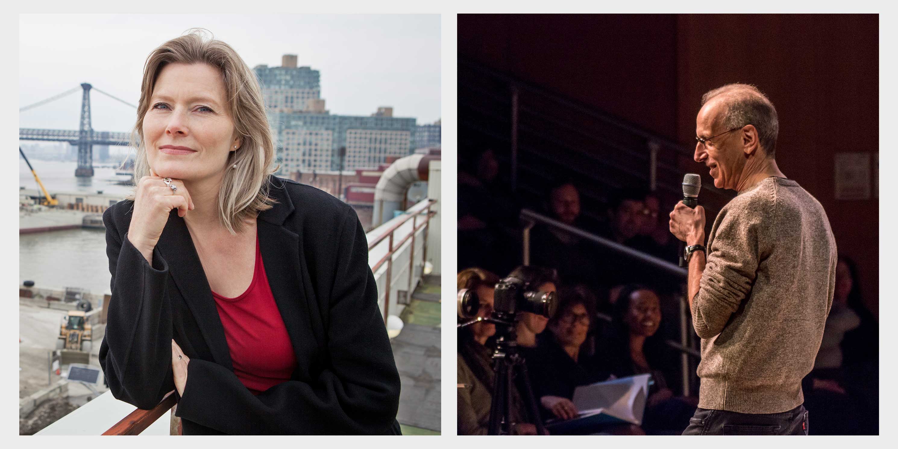 collage of photos: Jennifer Egan poses on a rooftop, Randy Cohen speaks on stage