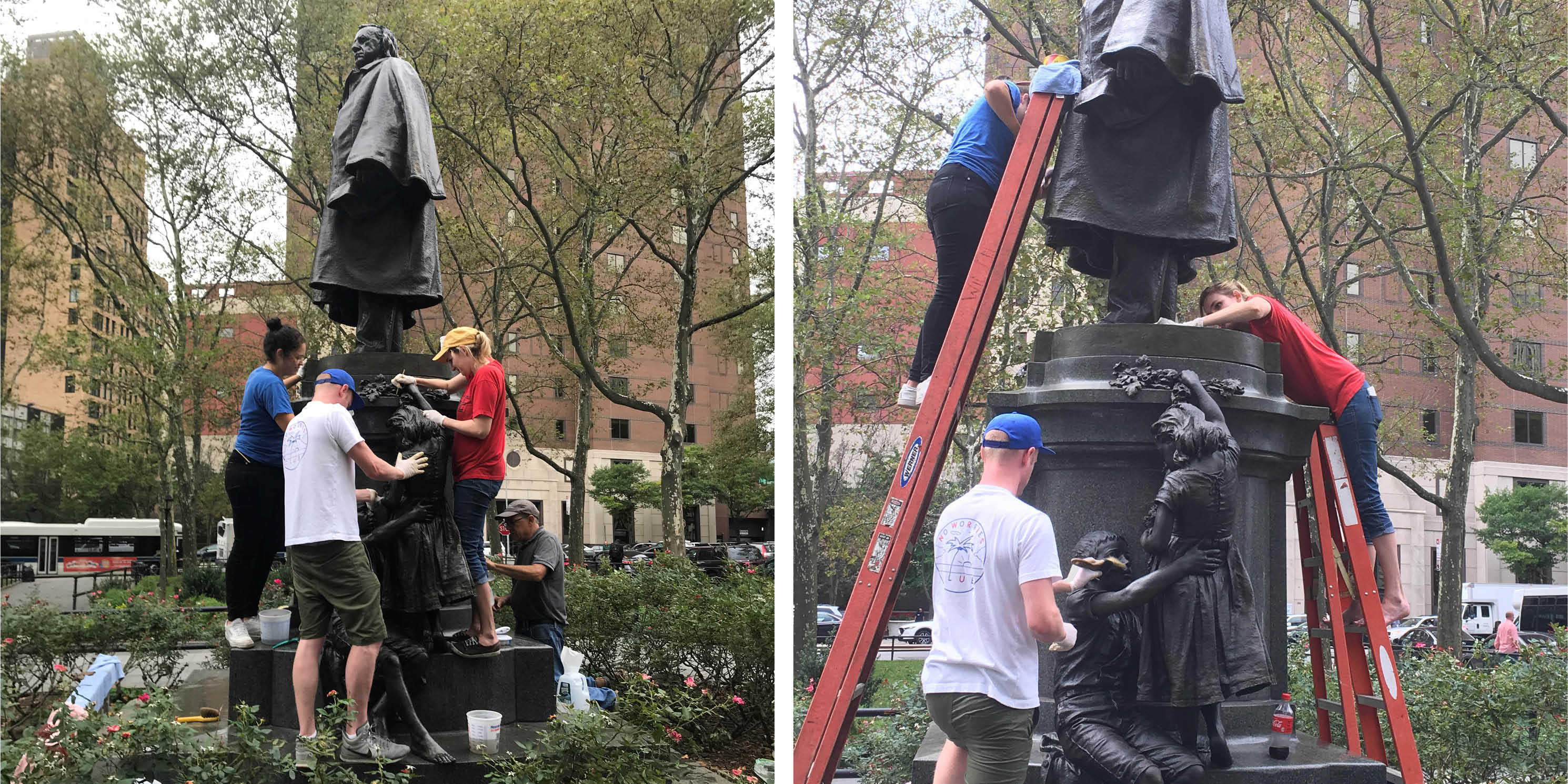 workers restoring the Henry Ward Beecher Monument in Brooklyn