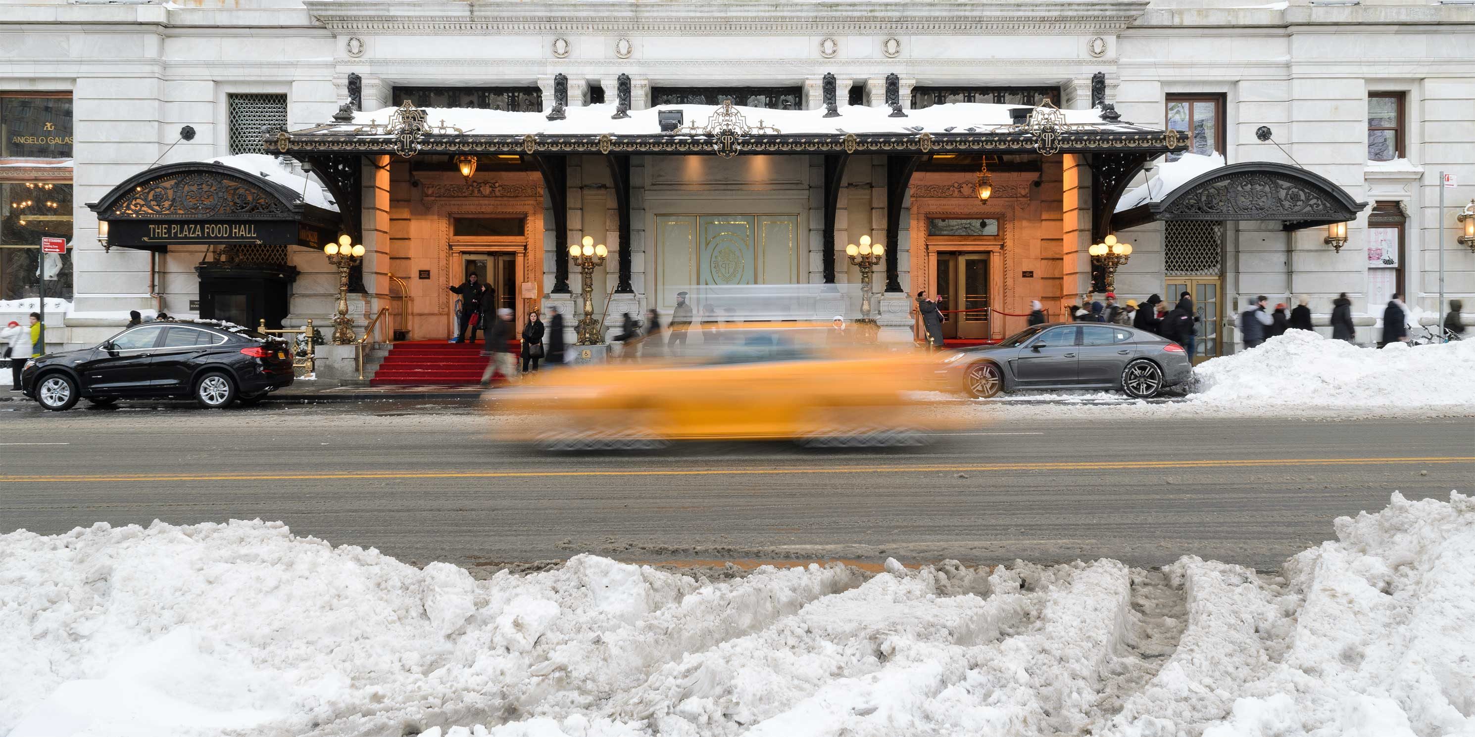 exterior of the Plaza Hotel with snow