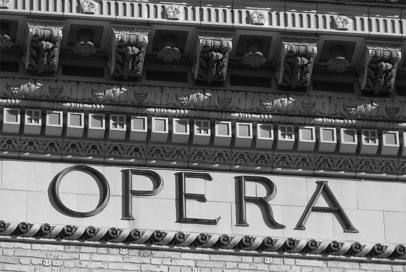 close up on the word Opera, on the exterior of the Brooklyn Academy of Music