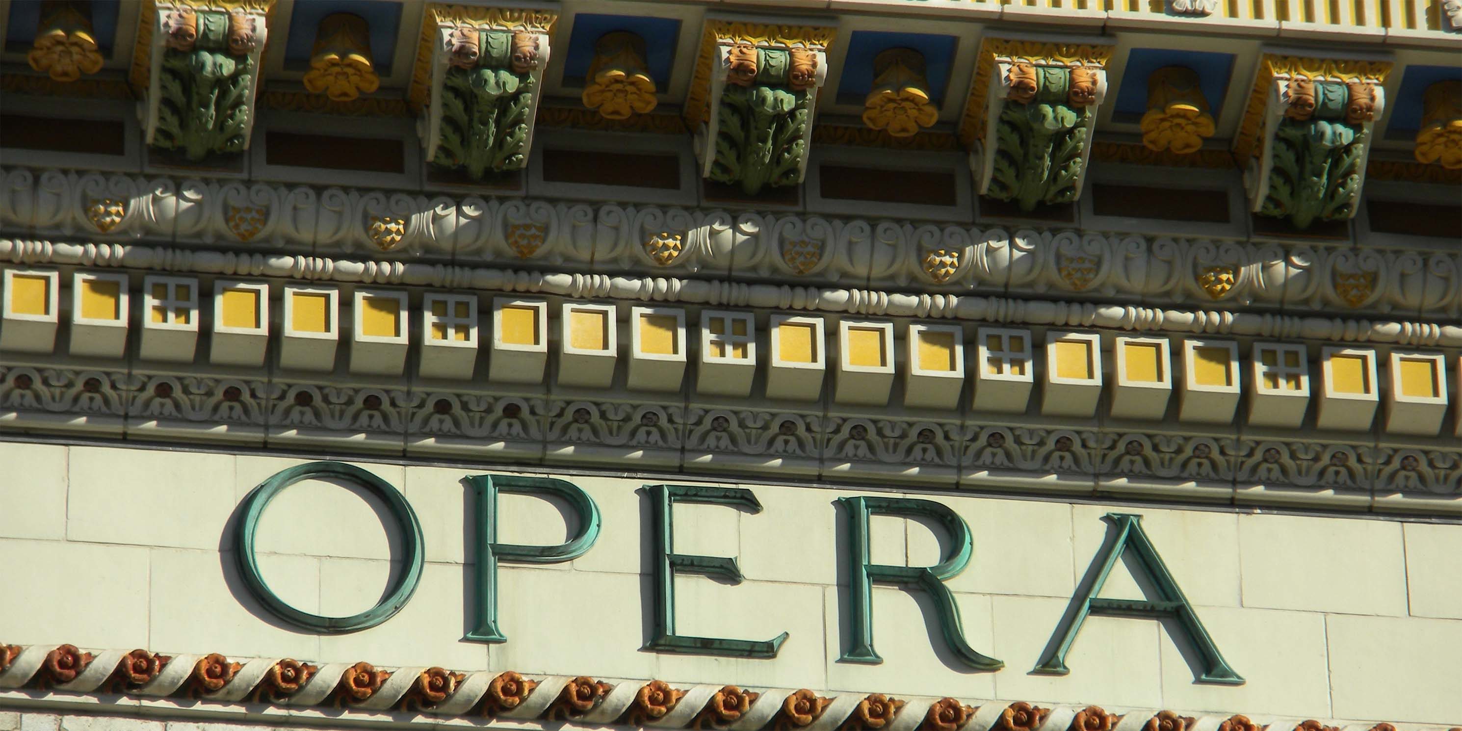 close up on the word Opera, on the exterior of the Brooklyn Academy of Music