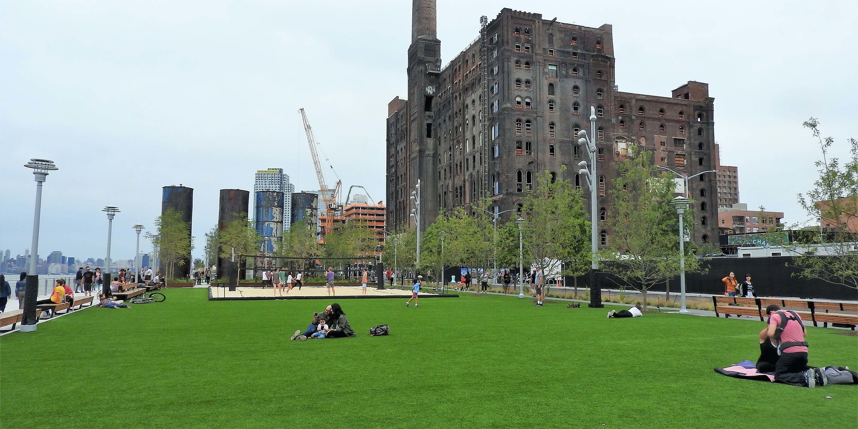 lawn and volleyball court at Domino Park