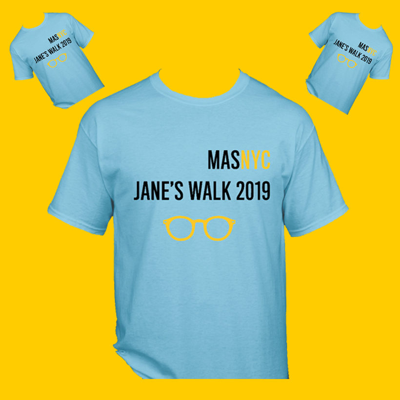 Jane's Walk 2019 t-shirts on yellow background