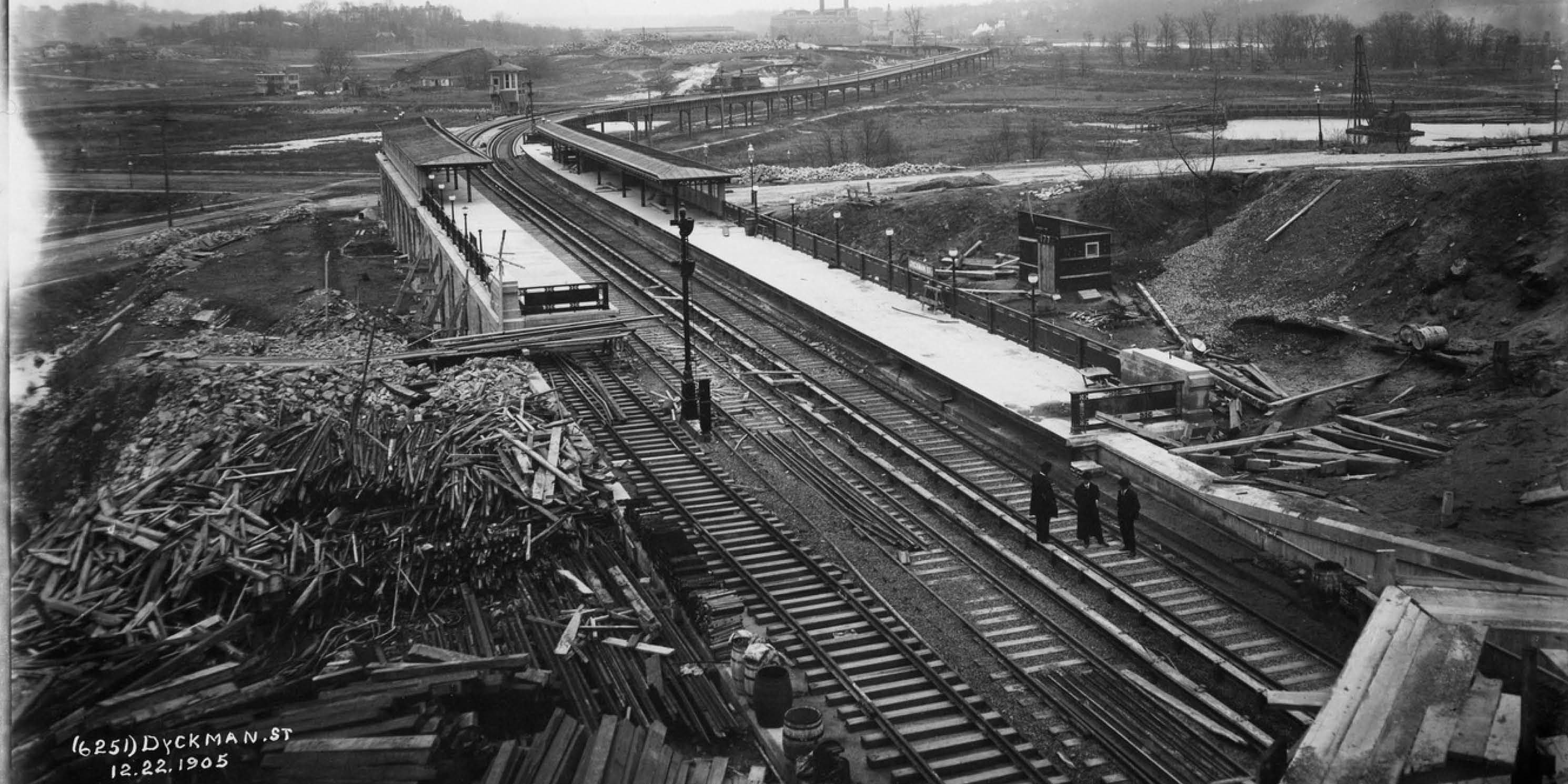 archival photo of railway construction in Upper Manhattan