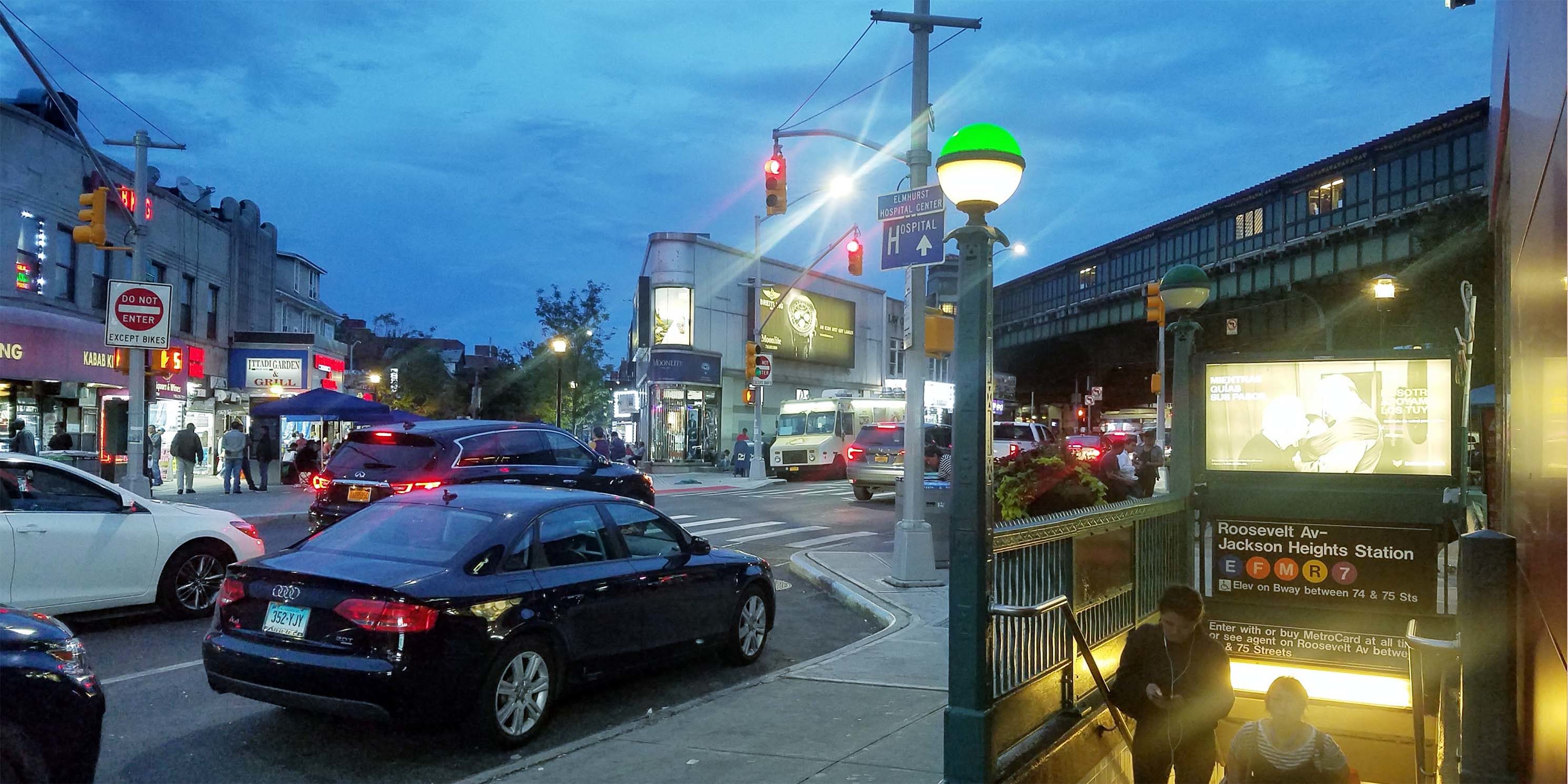 commercial street in Jackson Heights Queens at twilight