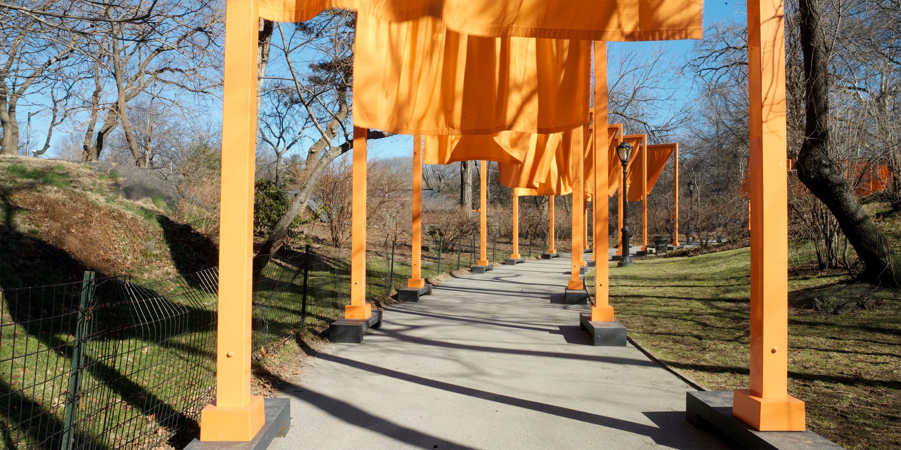 orange gates with orange curtain, part of an art exhibit on Central Park