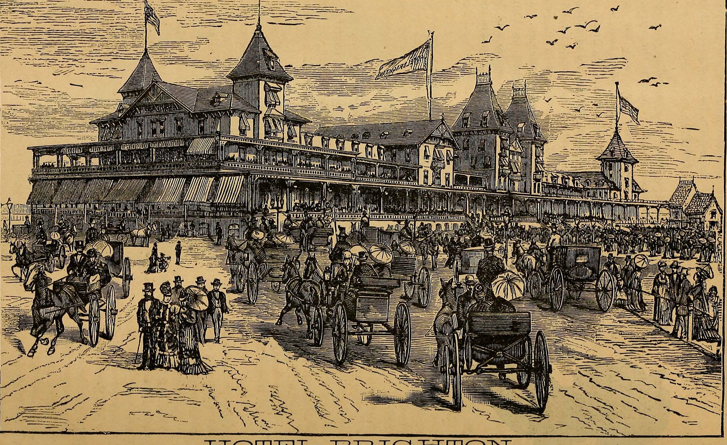 illustration of horses and buggies outside the Hotel Brighton