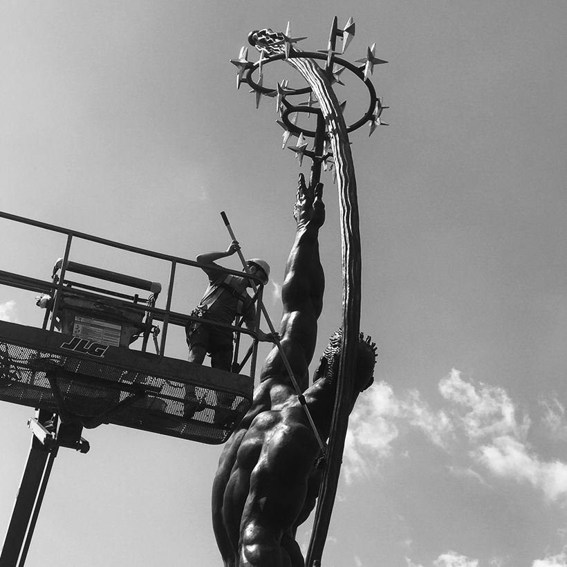 Rocket Thrower statue undergoing restoration